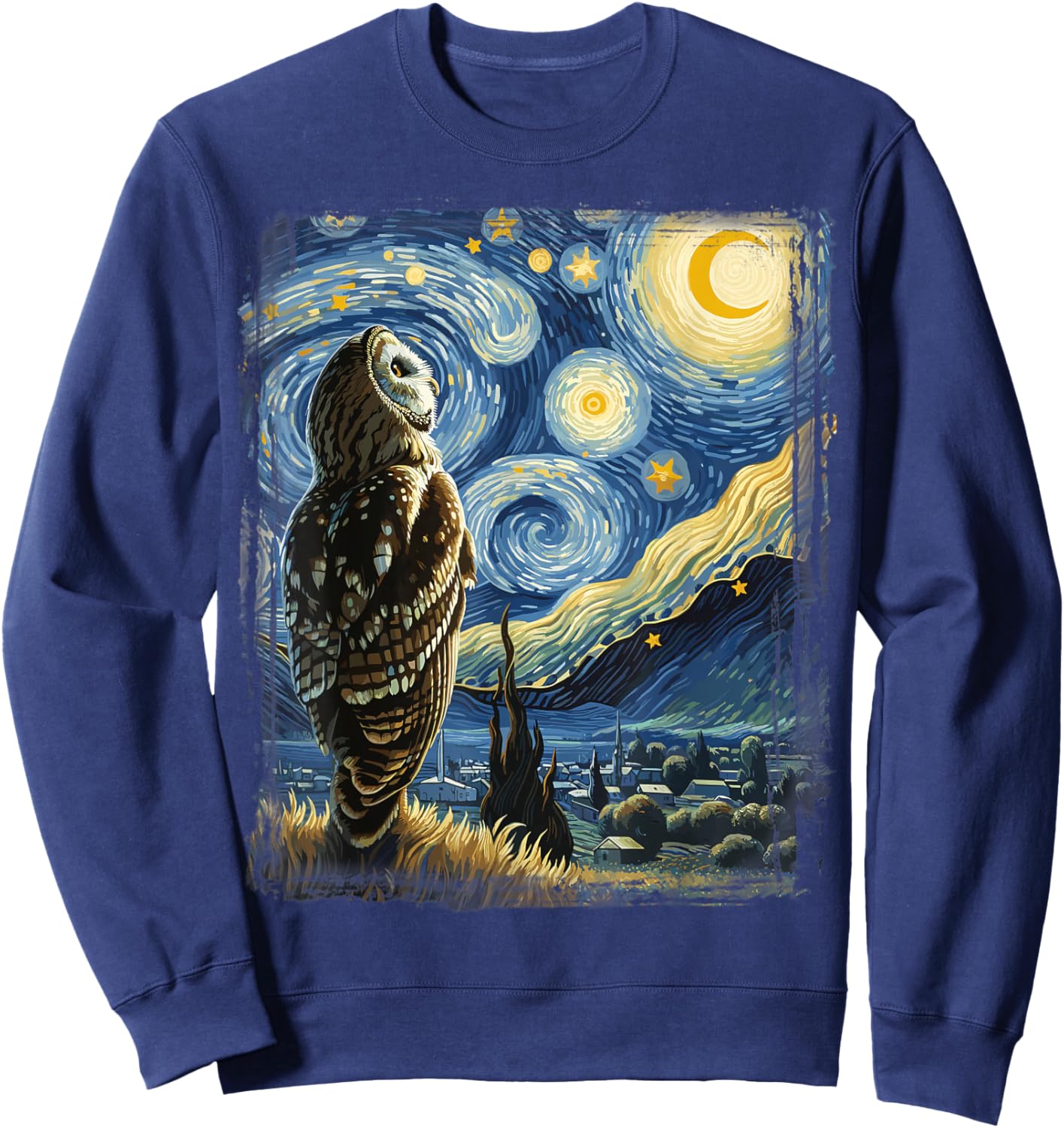 Owl Star Gazer - Artistic Van Gogh Style Starry Night Owl Sweatshirt - Sweatshirt | Navy