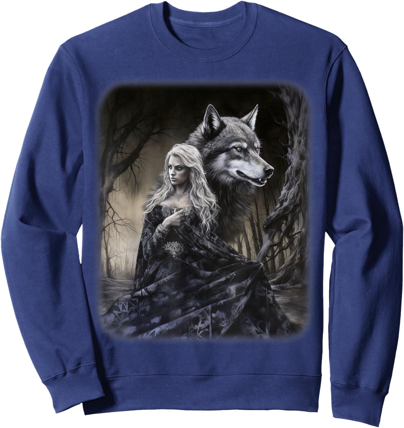 Woman and Gray Wolf in Forest Moon Fantasy Art Painting Sweatshirt - Sweatshirt | Navy