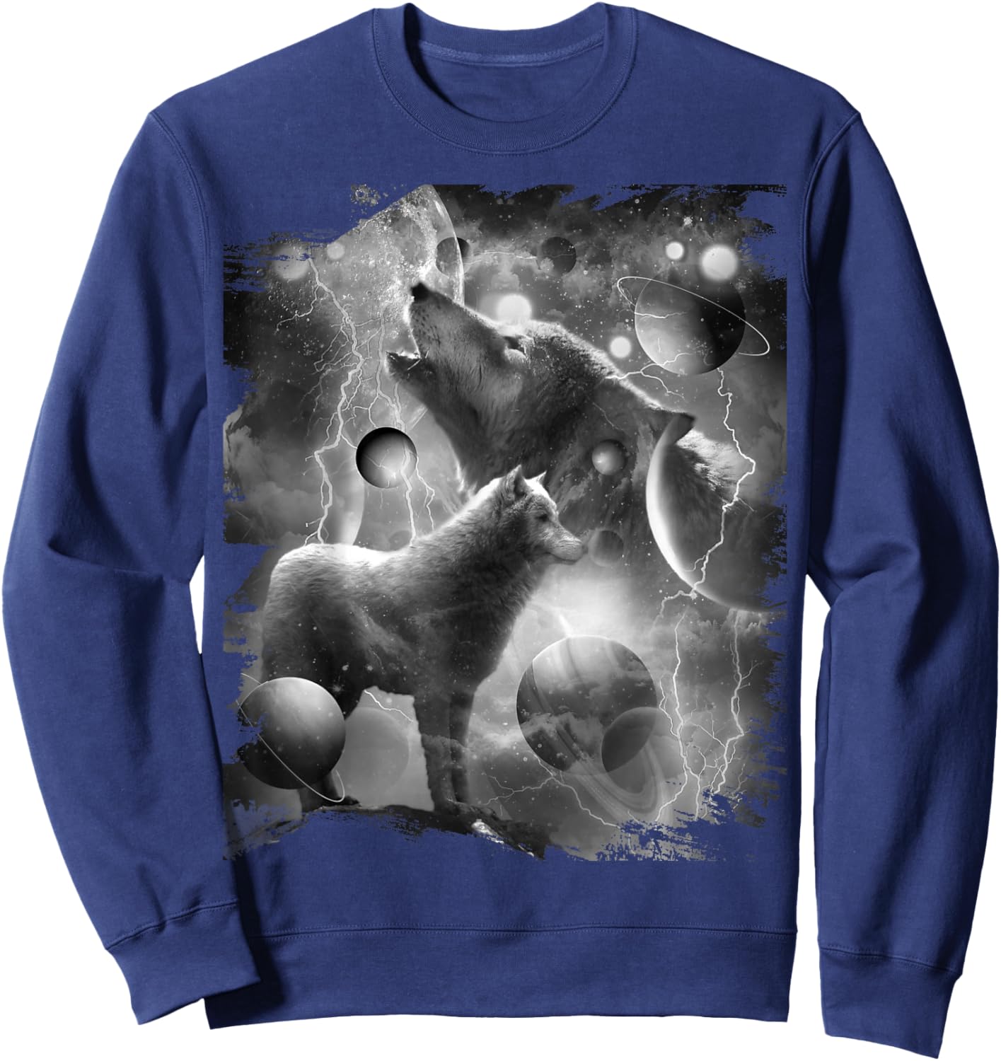 Black and White Wolf Lightning, Cosmic Wolves Howling Sweatshirt - Sweatshirt | Navy