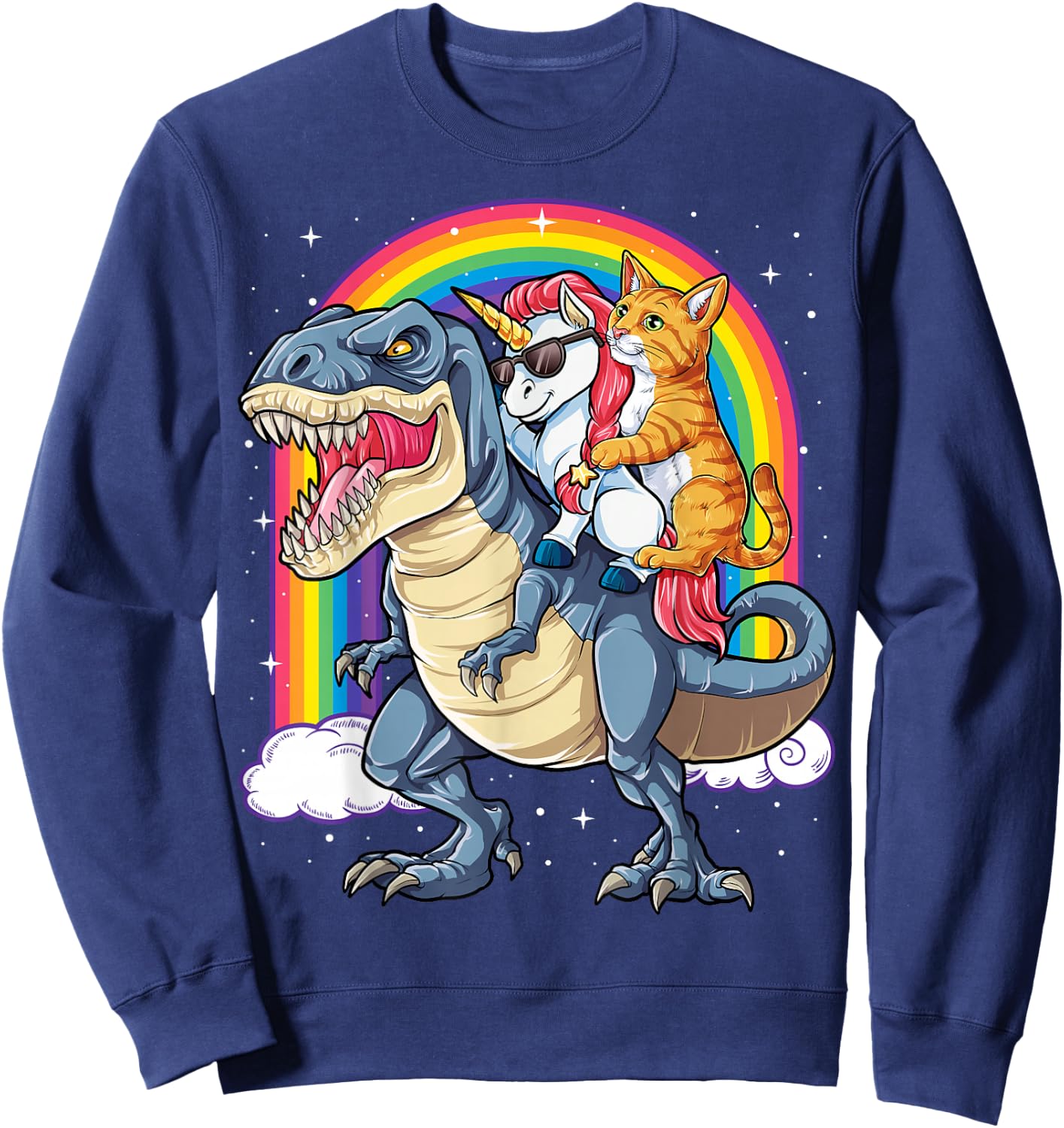 Cat Unicorn Riding Dinosaur T rex Kitten Lover Space Galaxy Sweatshirt - Sweatshirt | Navy