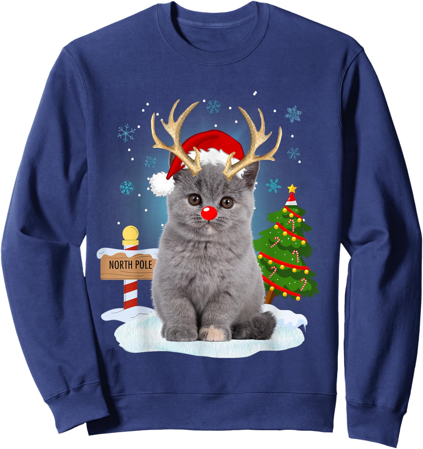 Funny Ugly Sweater Cat Reindeer North Pole Christmas Sweatshirt - Sweatshirt | Navy
