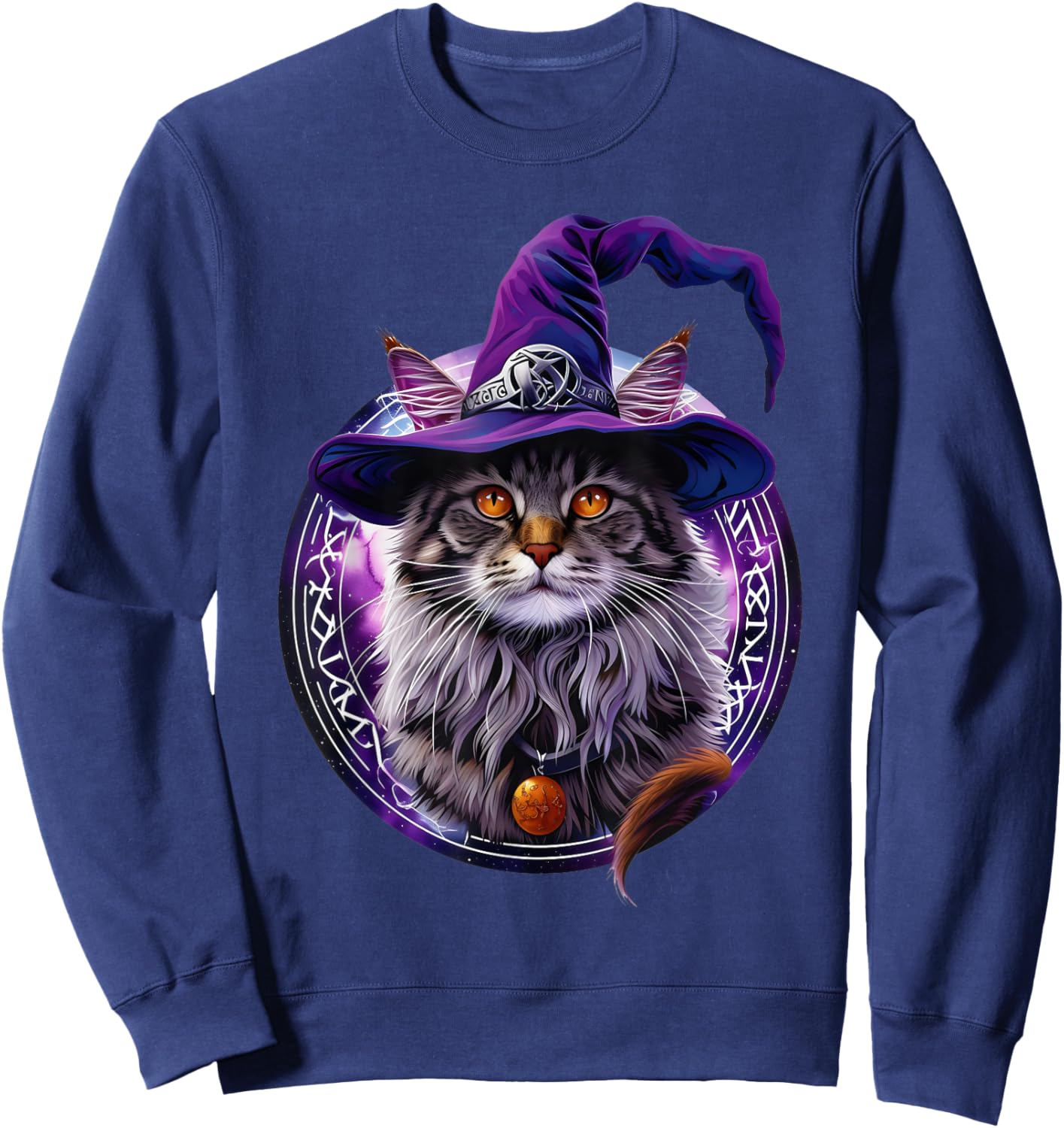 Magical Meowzard: Enchanting Halloween Wizard Cat Sweatshirt - Sweatshirt | Navy