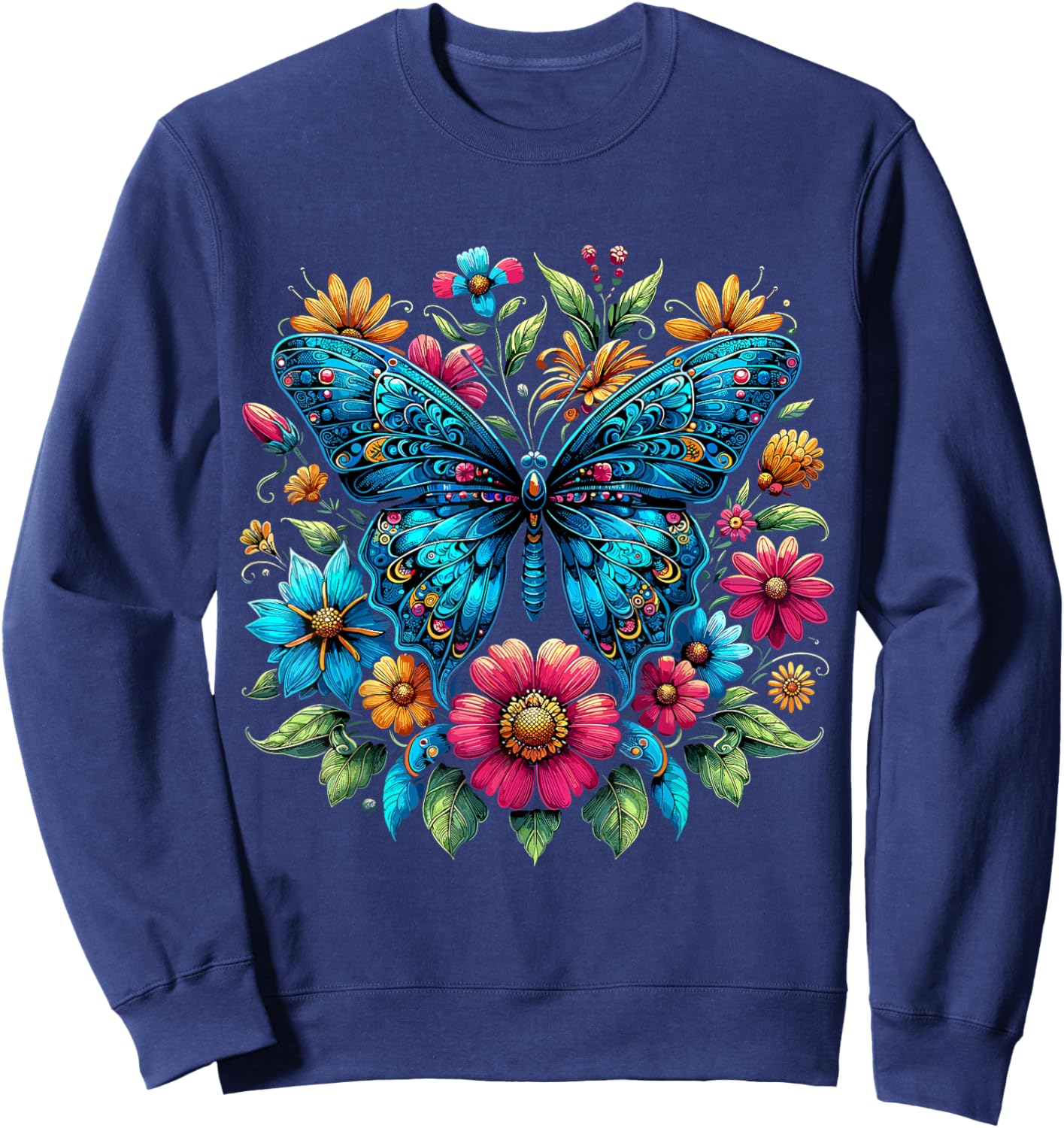 Butterfly With Flowers Aesthetic Butterfly Sweatshirt - Sweatshirt | Navy