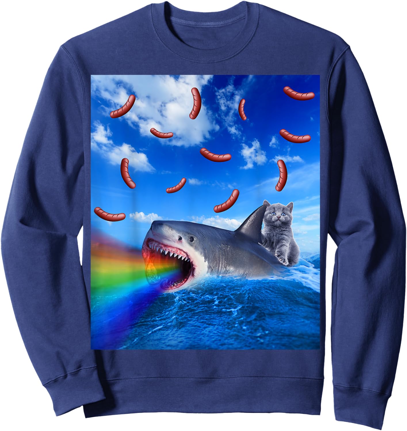 Cat Riding Rainbow Breathing Shark With Hot Dogs Sweatshirt - Sweatshirt | Navy