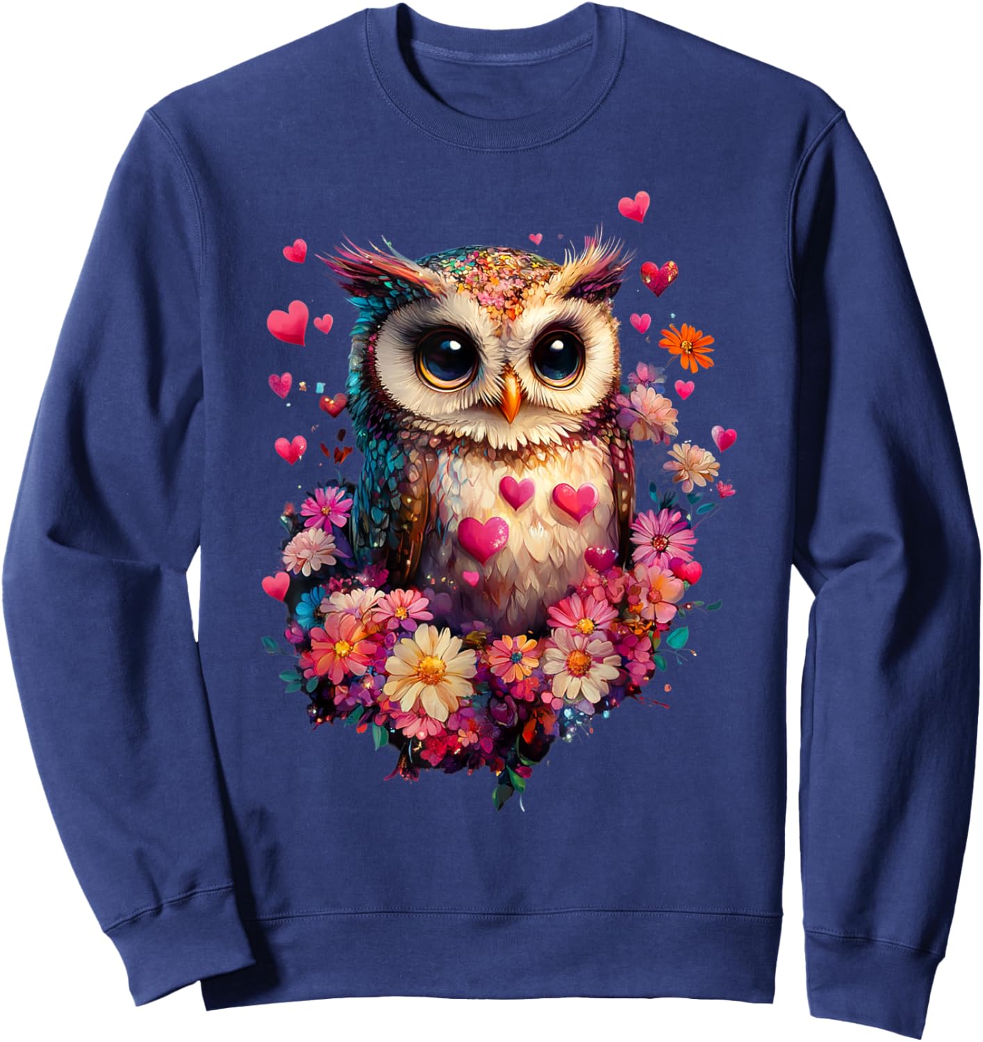 Owl Hearts and Flowers Graphic Valentines Day Sweatshirt - Sweatshirt | Navy