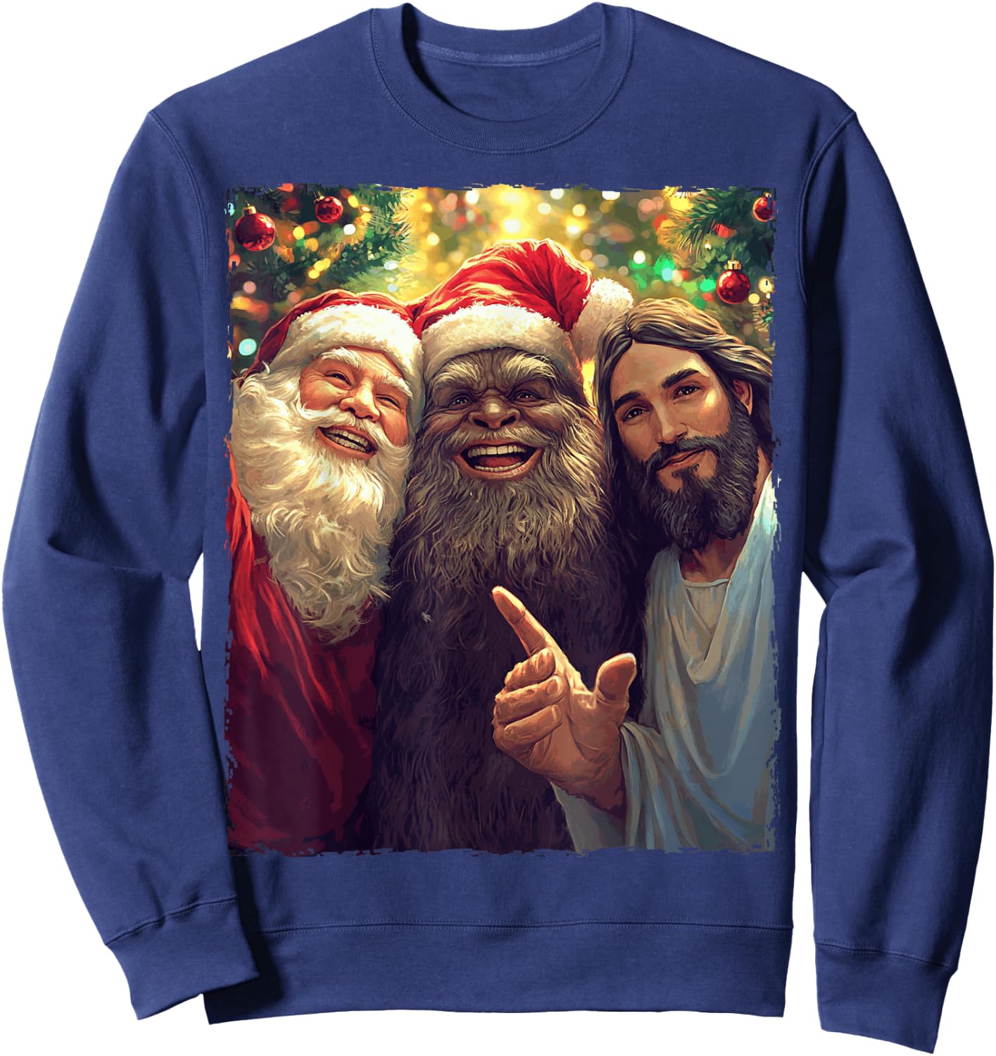 Funny Bigfoot Sasquatch Selfie Santa Jesus Xmas Christmas Sweatshirt - Sweatshirt | Navy