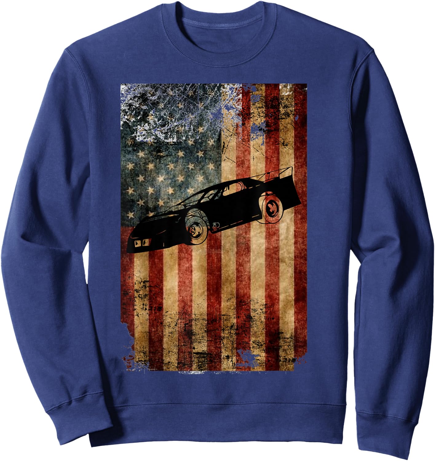 Late Model Dirt Track Racing Gifts Distressed American Flag Sweatshirt - Sweatshirt | Navy