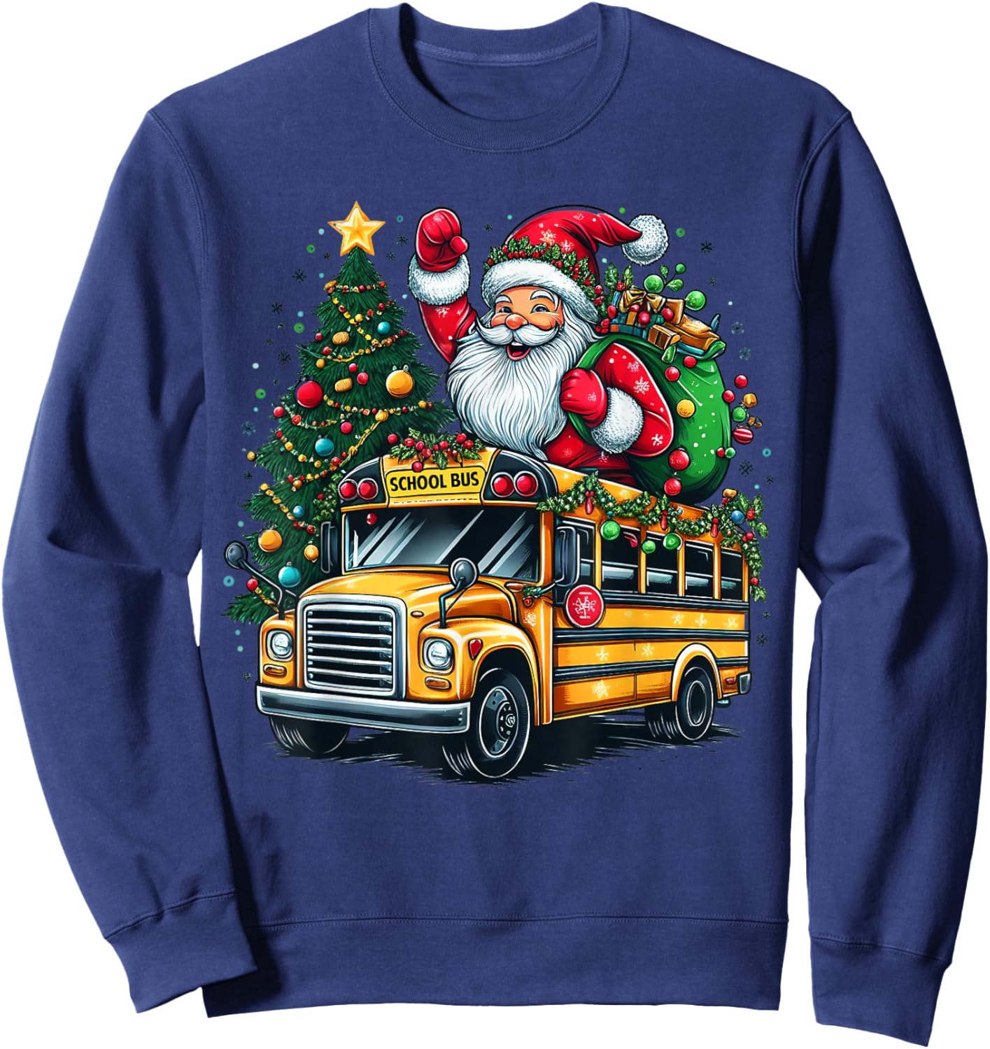 Santa Claus Riding School Bus Driver Christmas Tree Graphic Sweatshirt - Sweatshirt | Navy