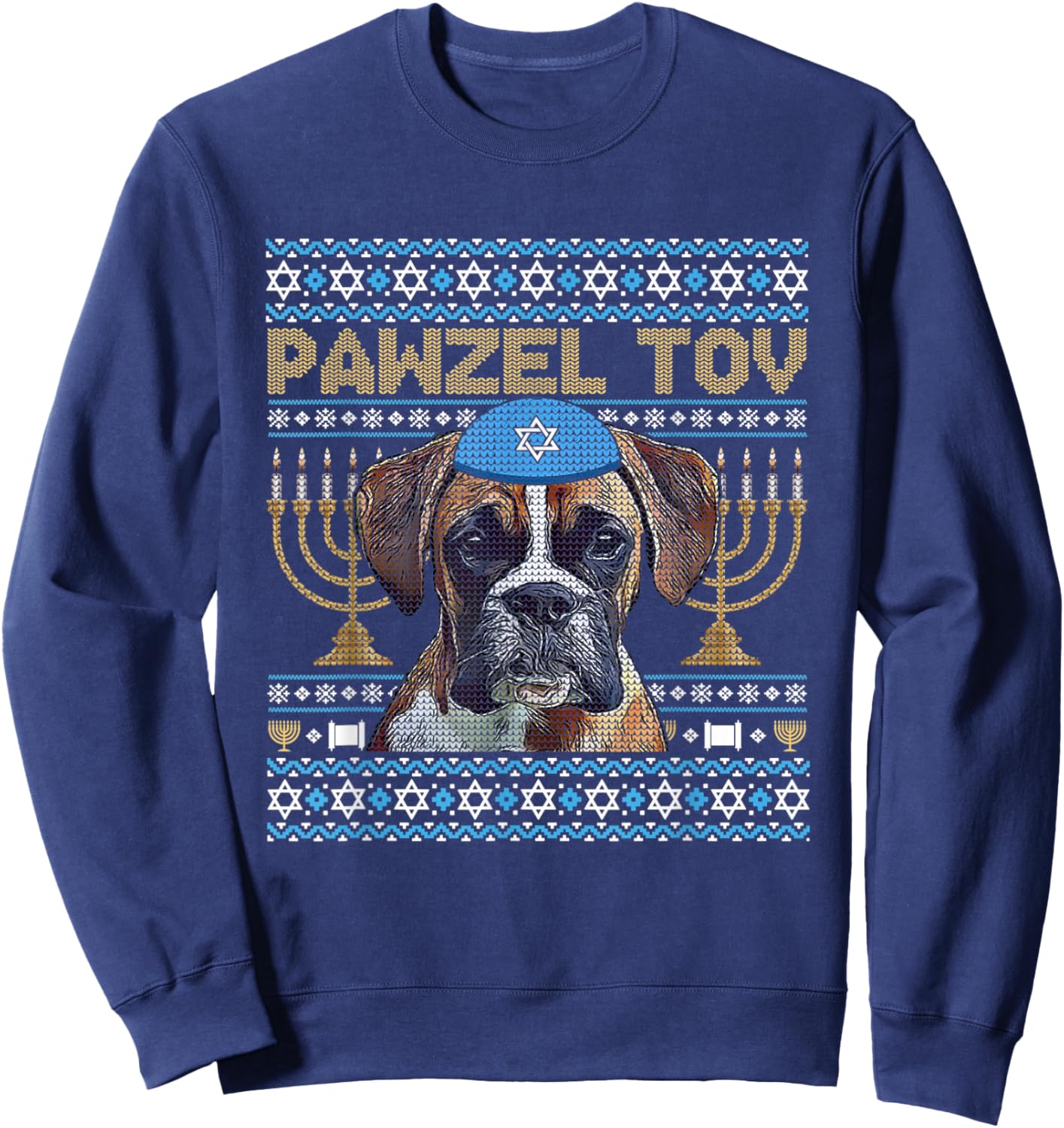 Pawzel Tov Jewish Boxer Dog Funny Hanukkah Sweatshirt - Sweatshirt | Navy