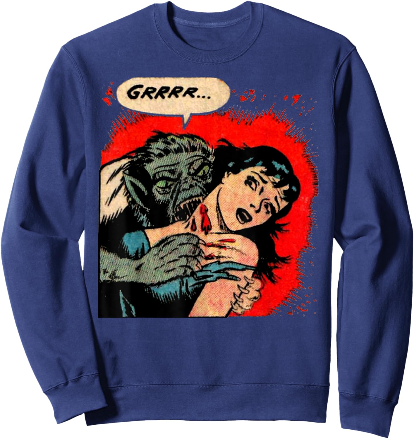 Creepy Horror Movie Monster Comic Vintage Halloween Werewolf Sweatshirt - Sweatshirt | Navy