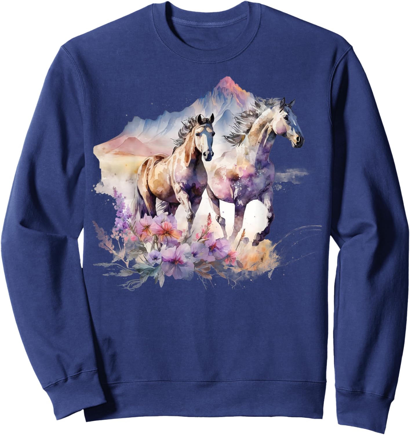 Horses Flowers Wild Mane Boho Western Southern Cowgirl Sweatshirt - Sweatshirt | Navy