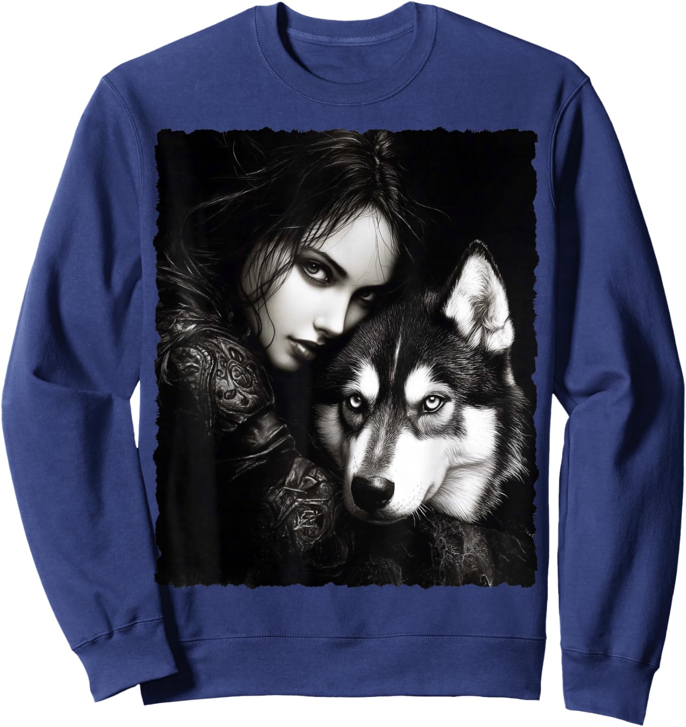 Woman and Wolf Husky Fantasy Art Painting Sweatshirt - Sweatshirt | Navy
