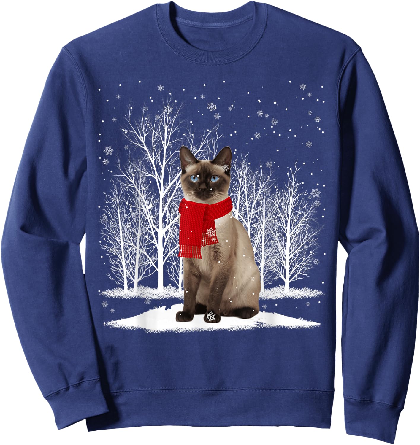 Funny Siamese Cat Wearing Ugly Christmas Sweater Scarf Xmas Sweatshirt - Sweatshirt | Navy