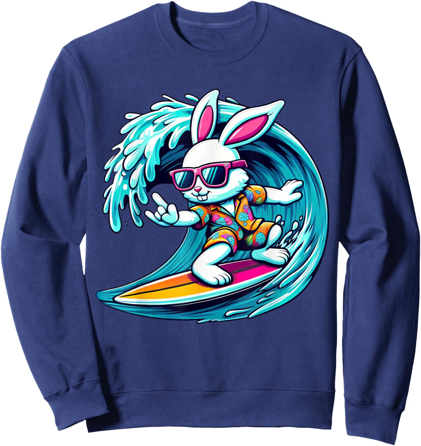Funny Waves Surfing Player Bunny Kids Men Easter Sweatshirt - Sweatshirt | Navy