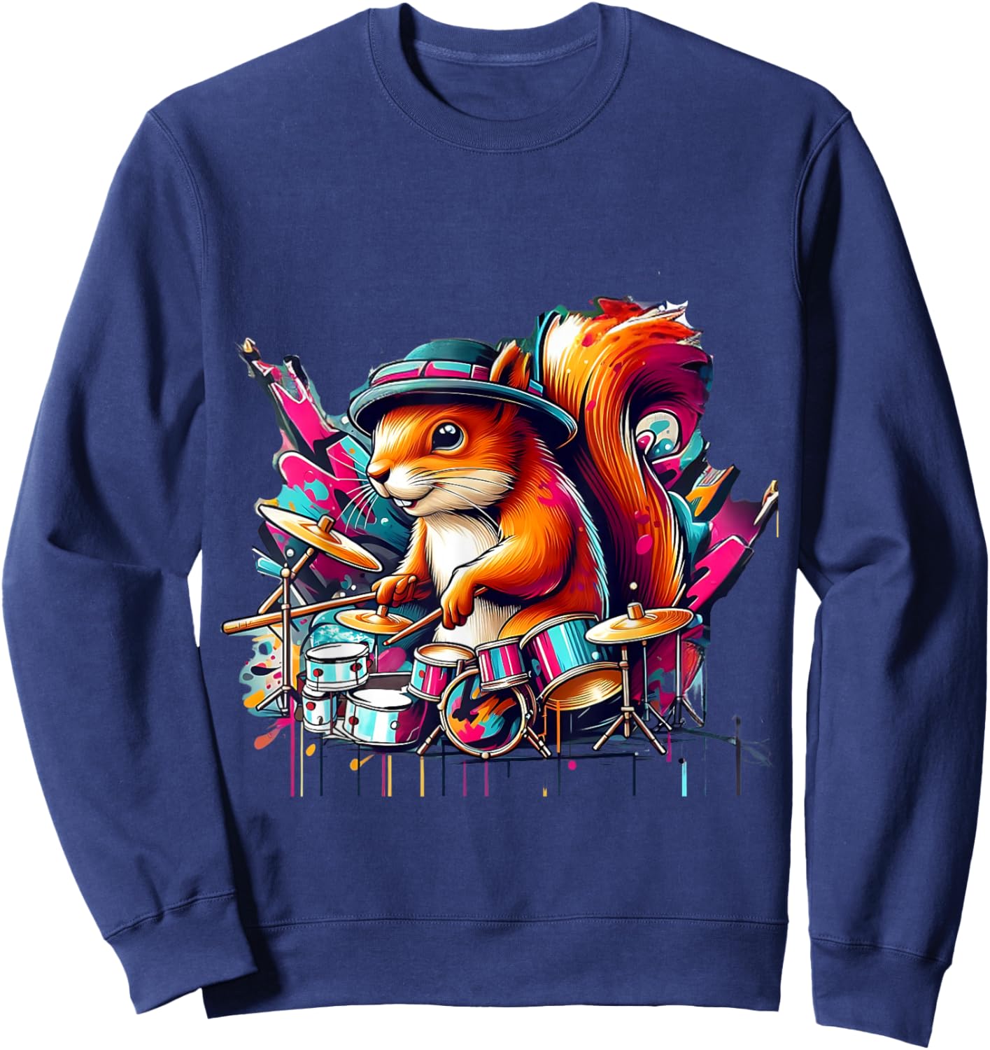 Drumming Funny Drummer Squirrel Playing Drums Squirrel Lover Sweatshirt - Sweatshirt | Navy