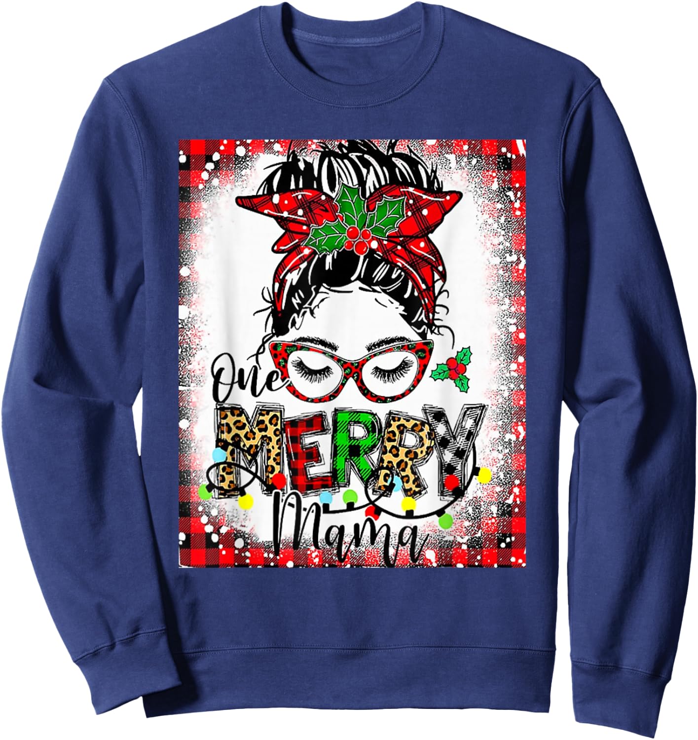 Bleached One Merry Mama Messy Bun Mama Christmas Sweatshirt - Sweatshirt | Navy