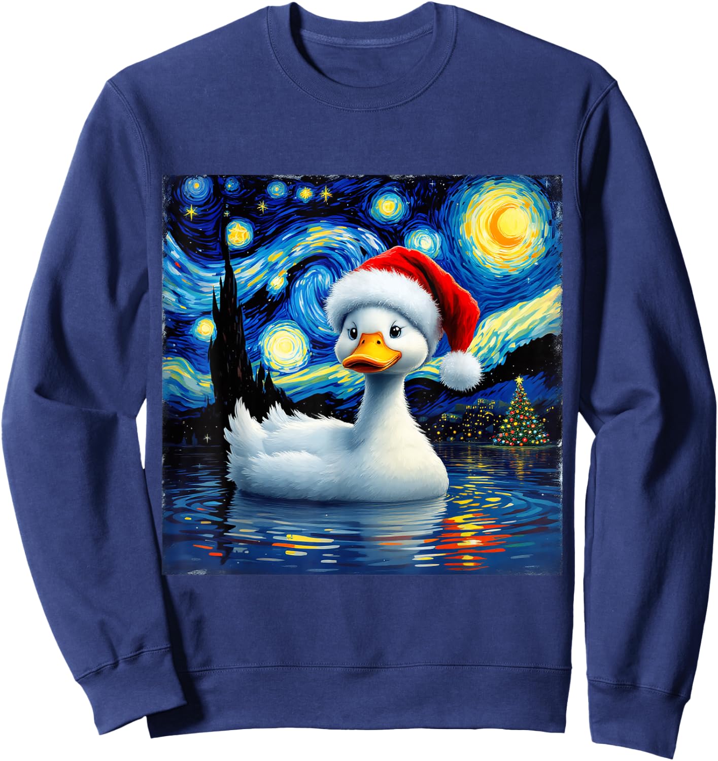 Christmas Duck Santa Hat Van Gogh Starry Night Holiday Sweatshirt - Sweatshirt | Navy
