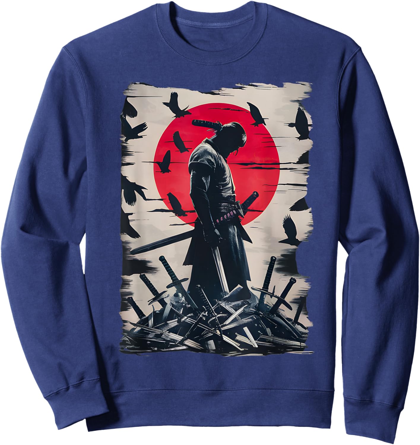 Japanese Anime Art Lone Samurai with Red Sun and Crows Sweatshirt - Sweatshirt | Navy
