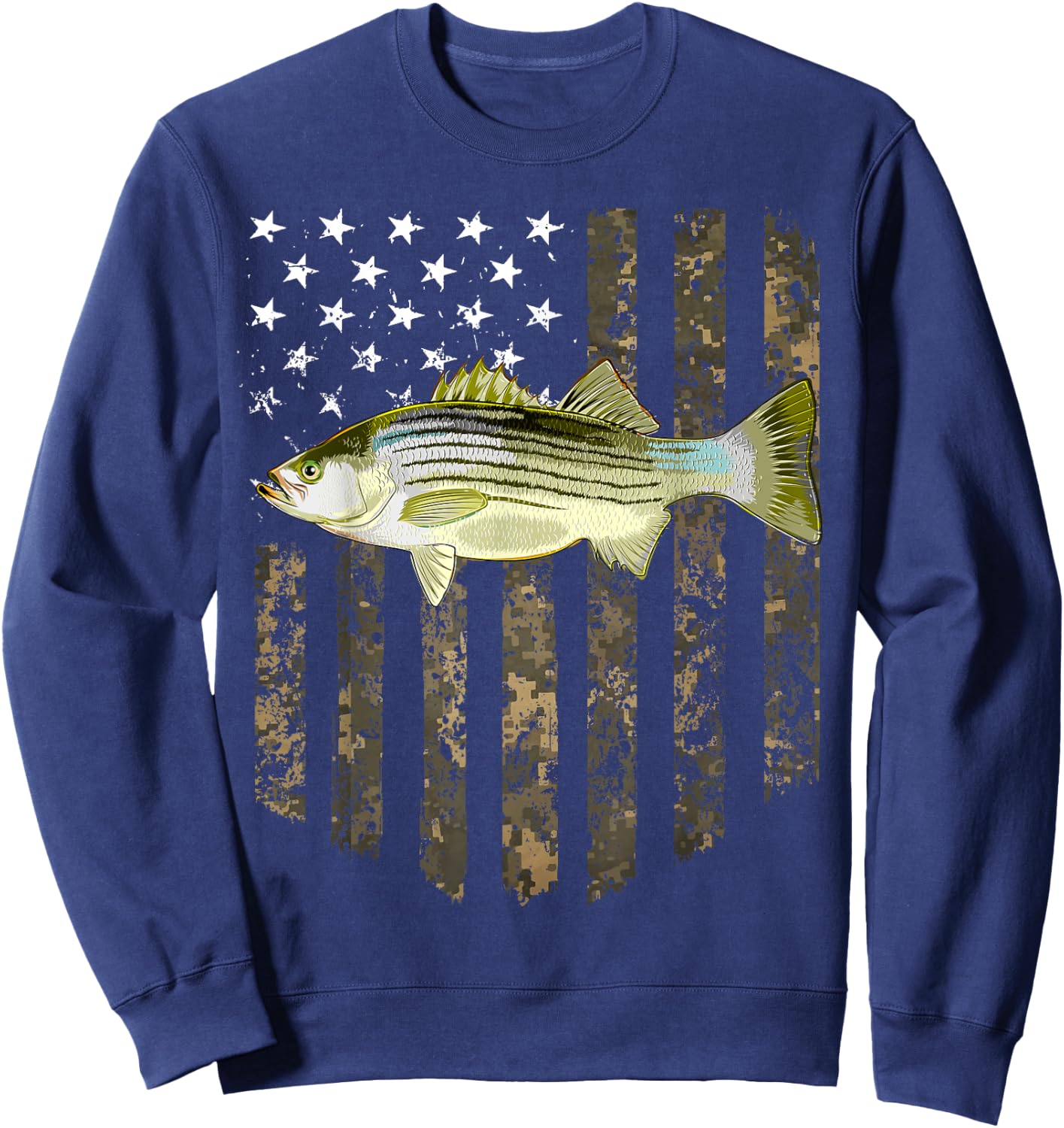 Camo American Flag Striped Bass Fishing 4th Of July Sweatshirt - Sweatshirt | Navy
