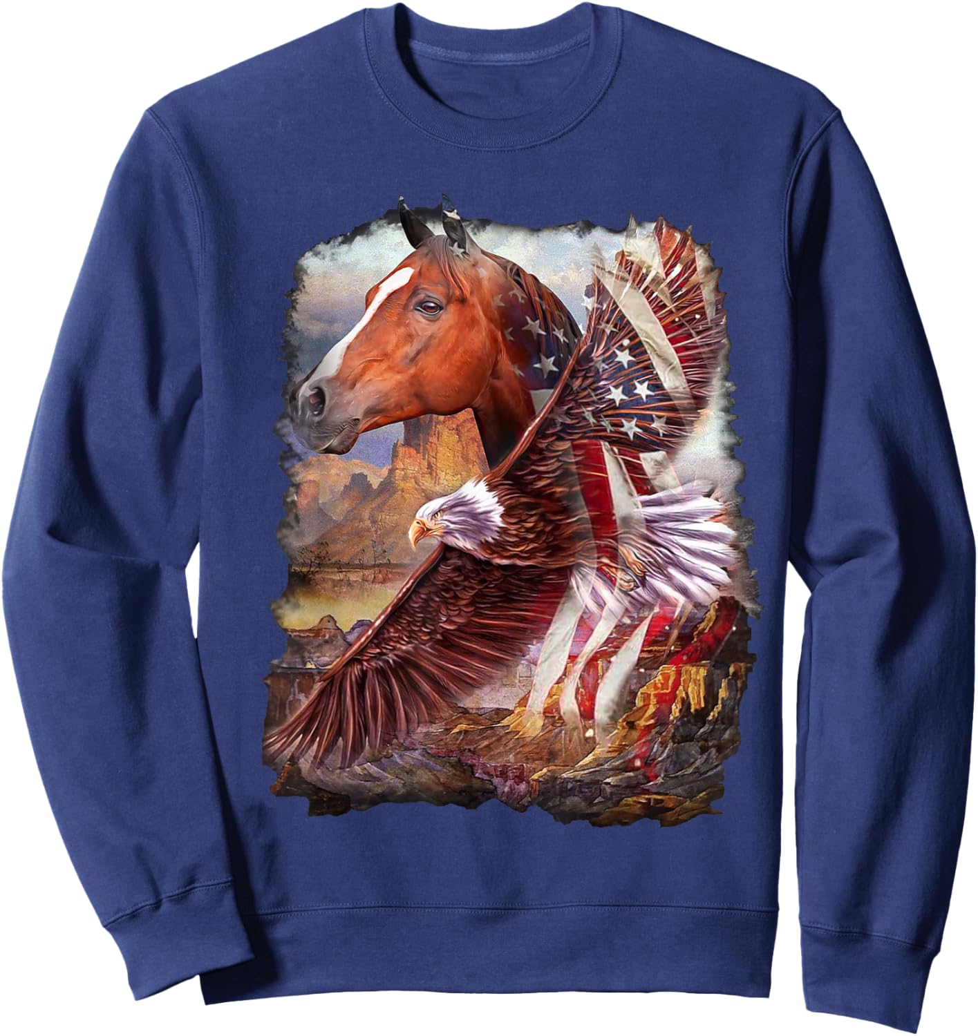Horse American Flag and Bald eagle Sweatshirt - Sweatshirt | Navy