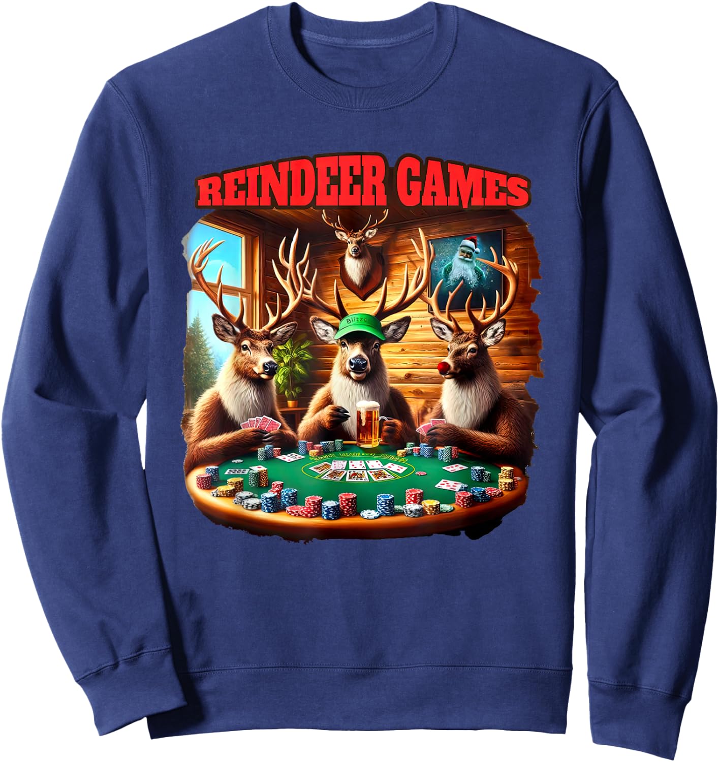 Funny Deer Playing Poker Christmas Reindeer Matching Game Sweatshirt - Sweatshirt | Navy