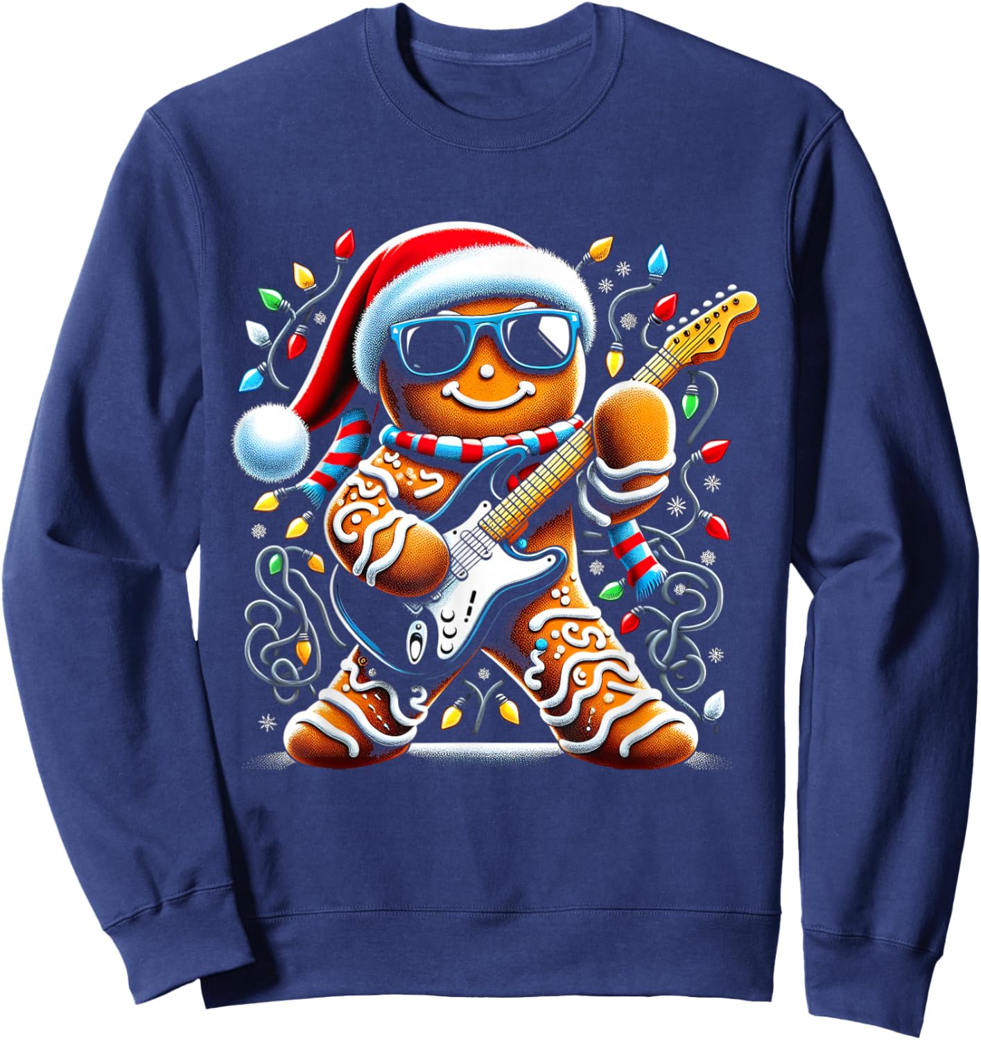 Rock Guitar Gingerbread Playing Guitar -Funny Christmas Xmas Sweatshirt - Sweatshirt | Navy