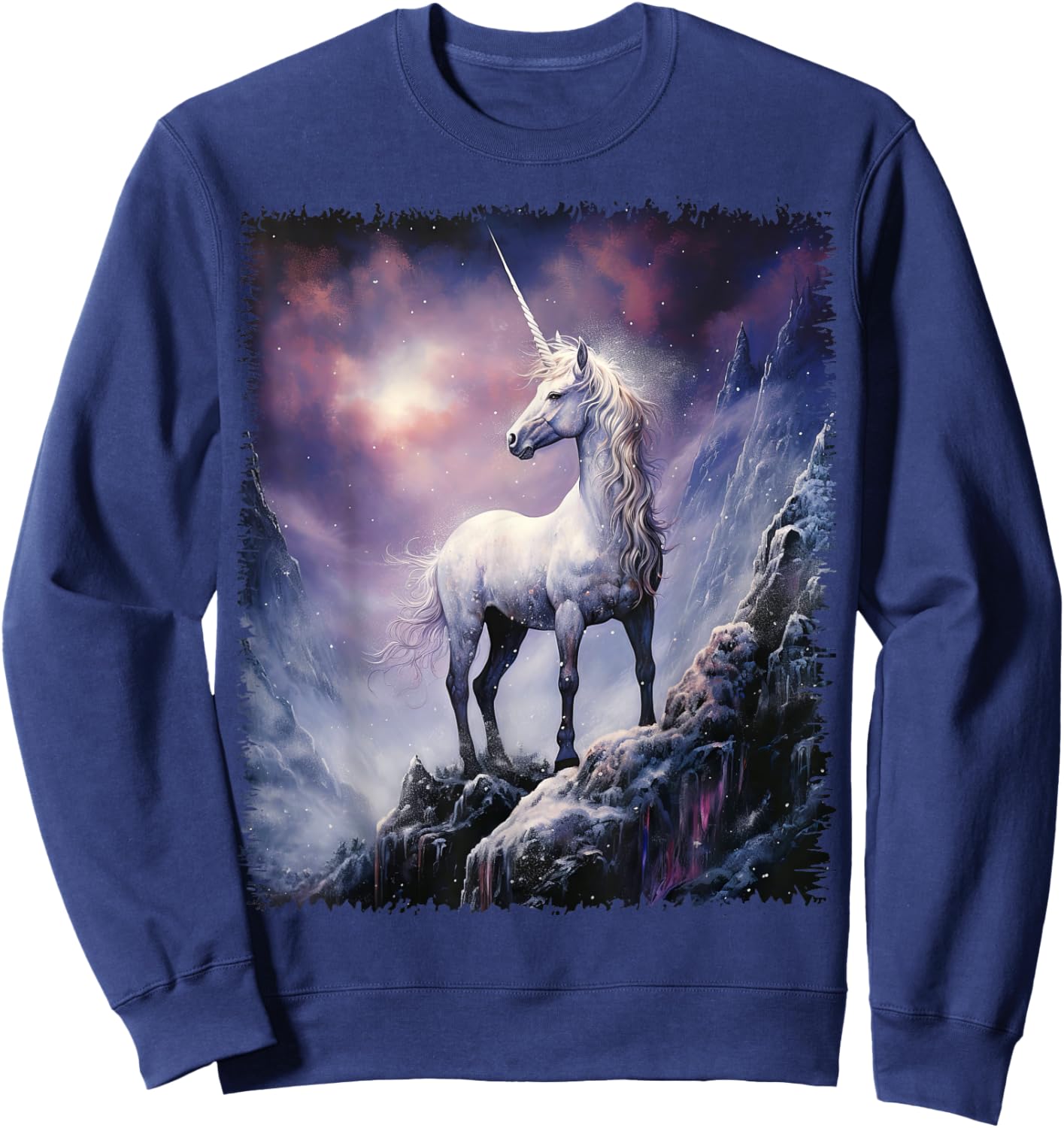 Fantasy white Unicorn standing on the snowy hill Sweatshirt - Sweatshirt | Navy