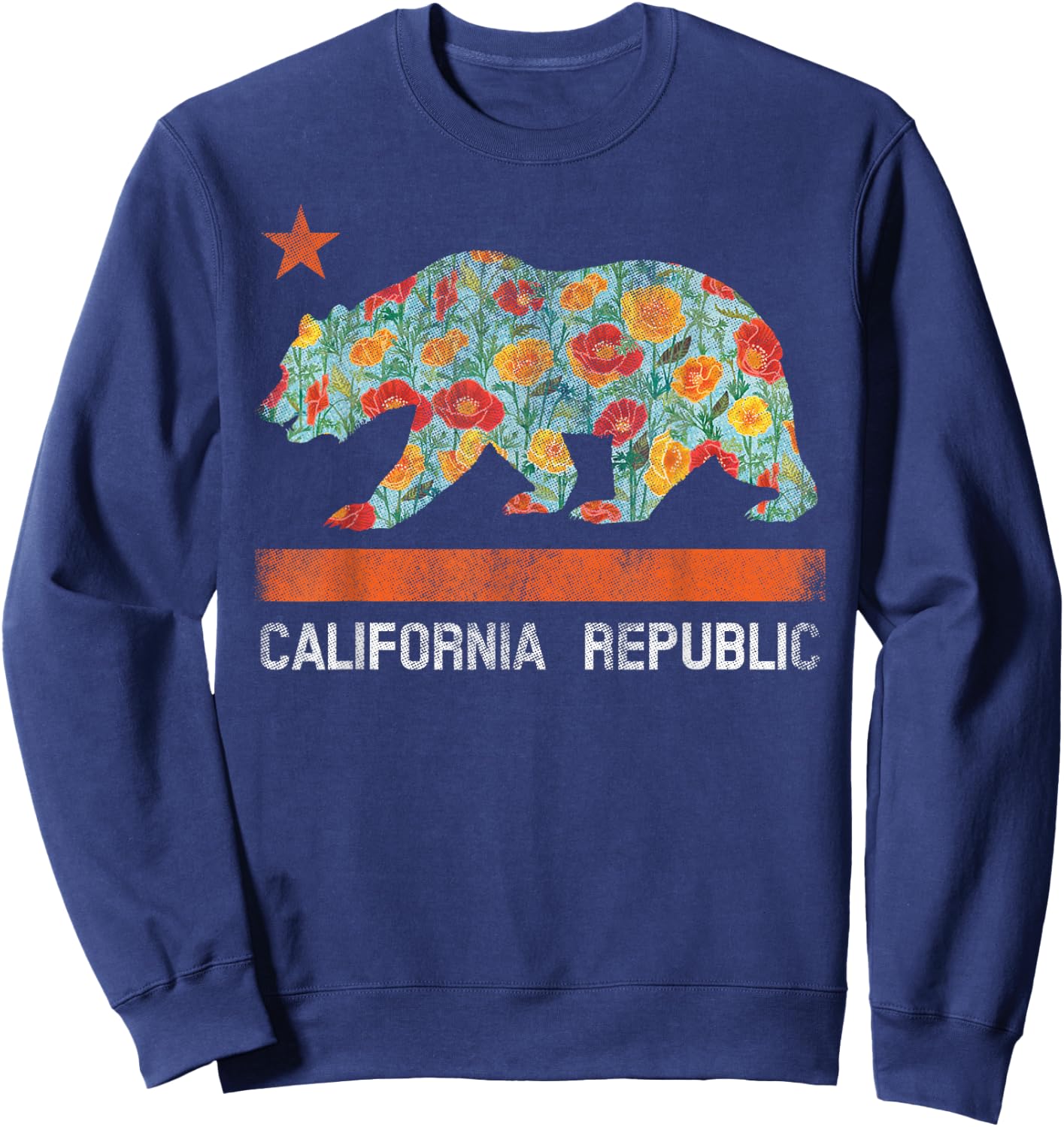 California Republic State Bear Star Poppy Flower LA Cali Sweatshirt - Sweatshirt | Navy