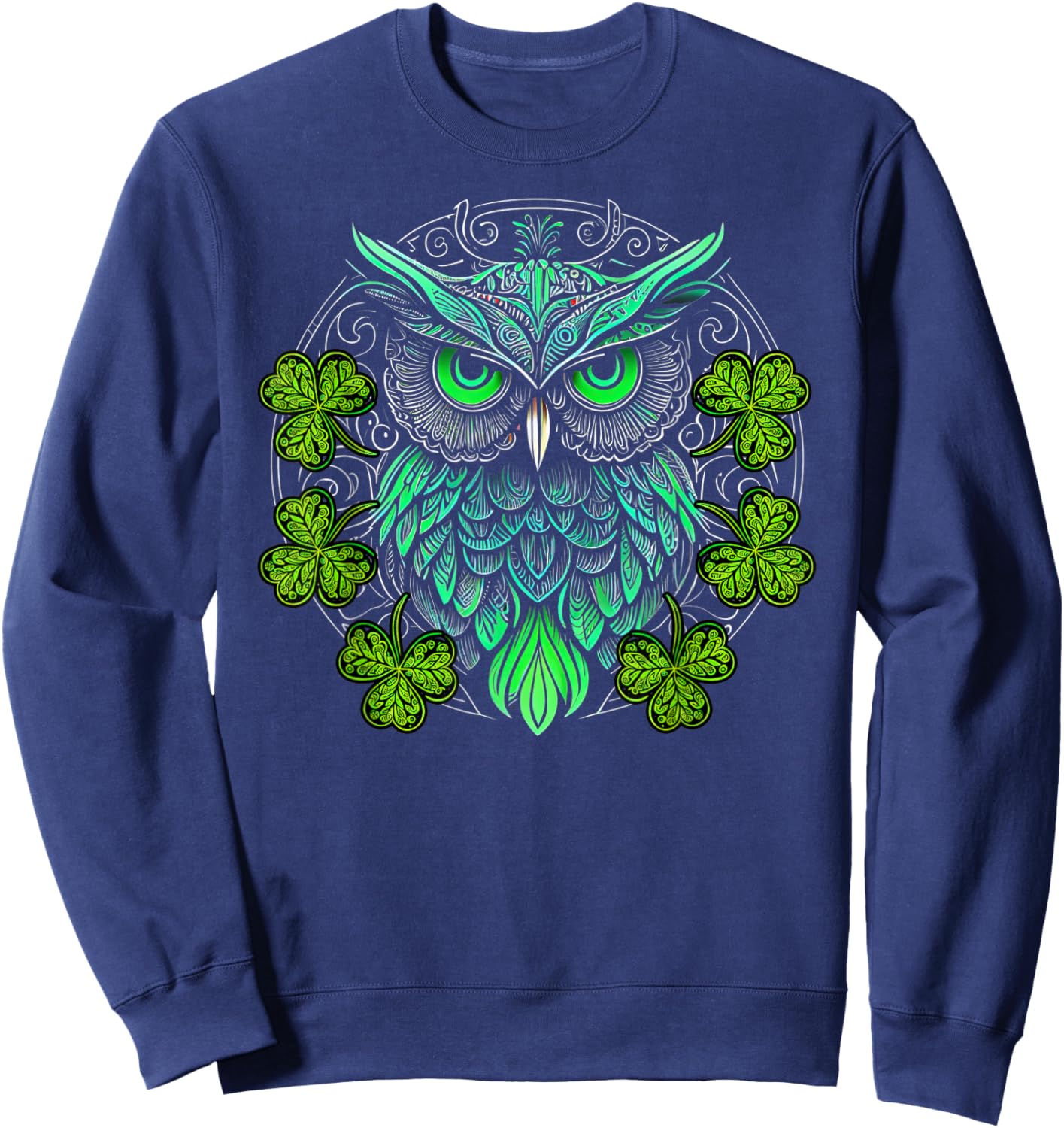 Cute Owl Bird Mandala Irish Shamrock Clover St Patricks Sweatshirt - Sweatshirt | Navy