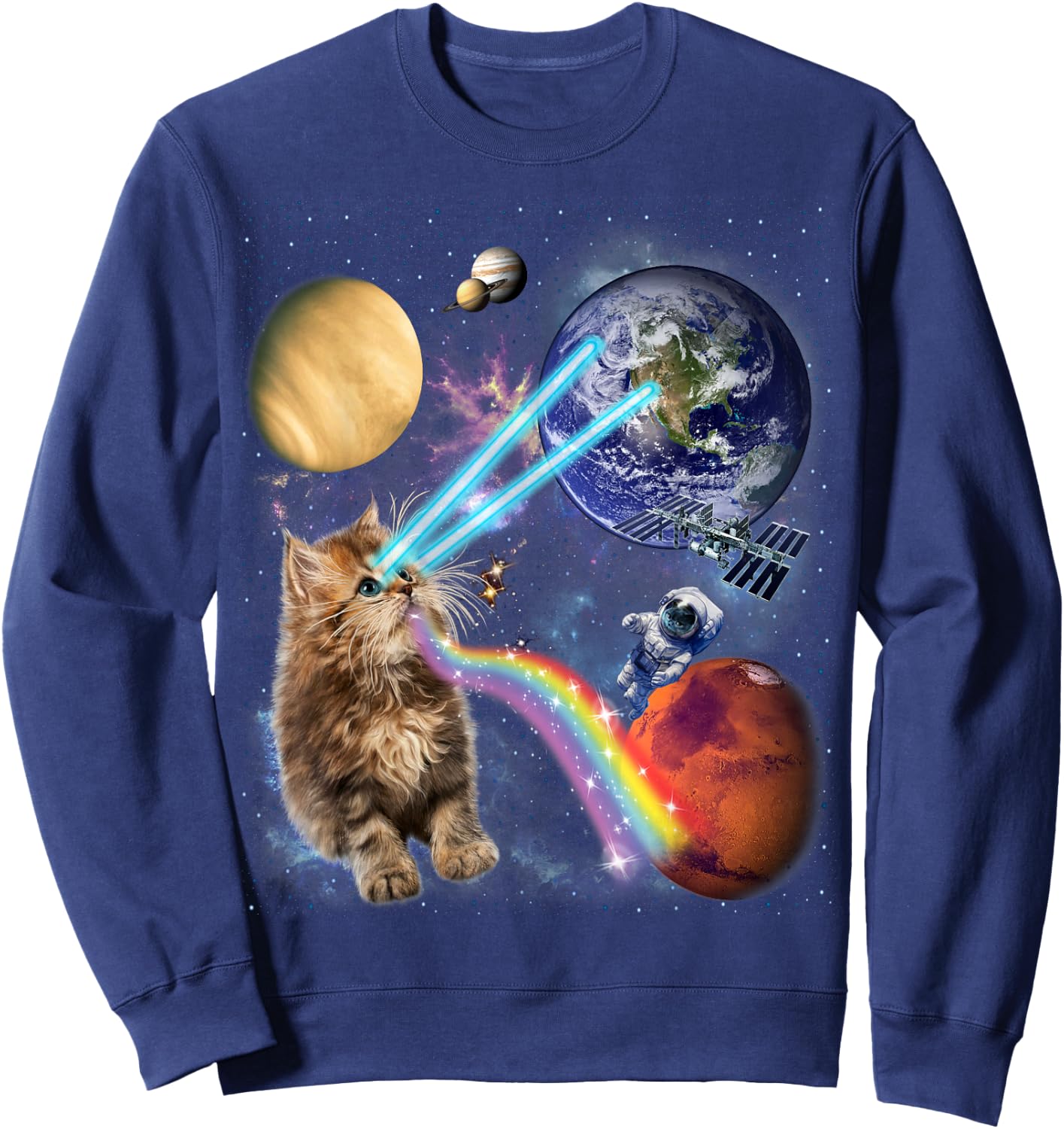Fluffy Cat with Galactic Rainbow Beams Women Kids Sweatshirt - Sweatshirt | Navy