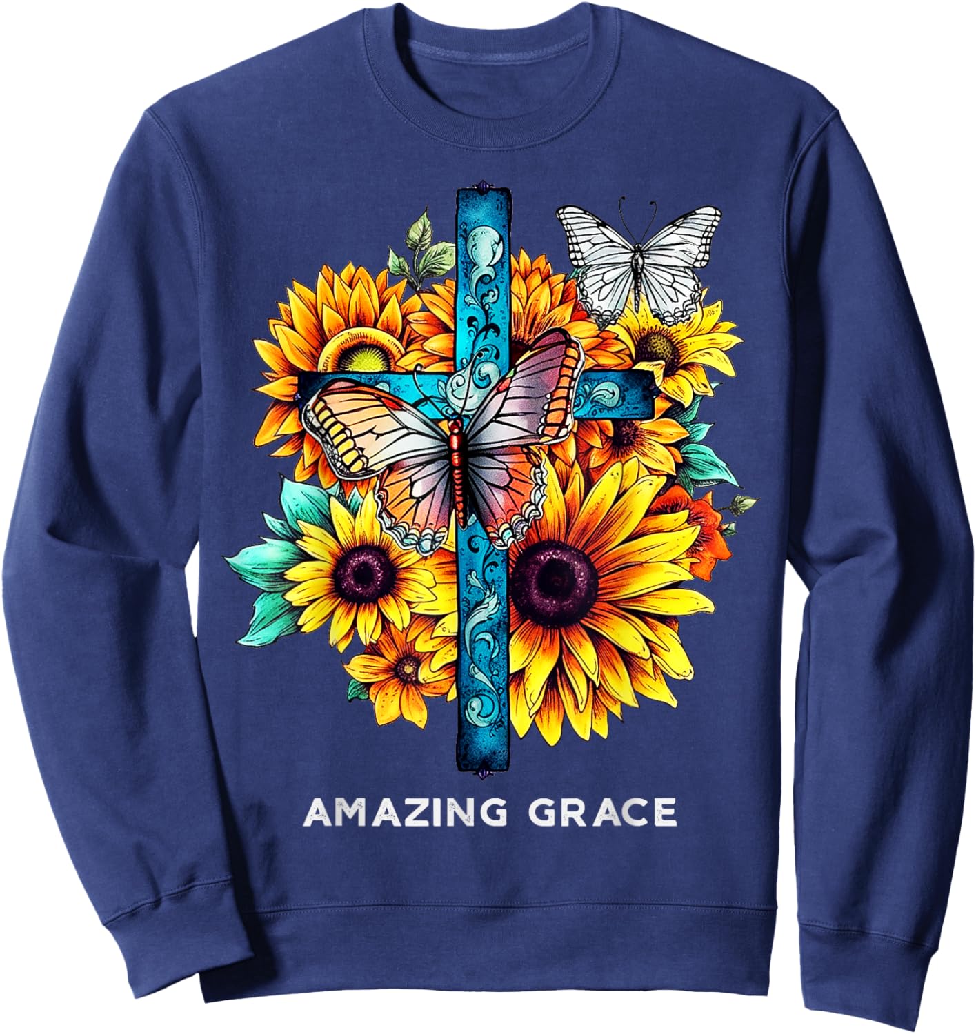 Amazing grace Cross Sunflowers Butterflies Christian Sweatshirt - Sweatshirt | Navy