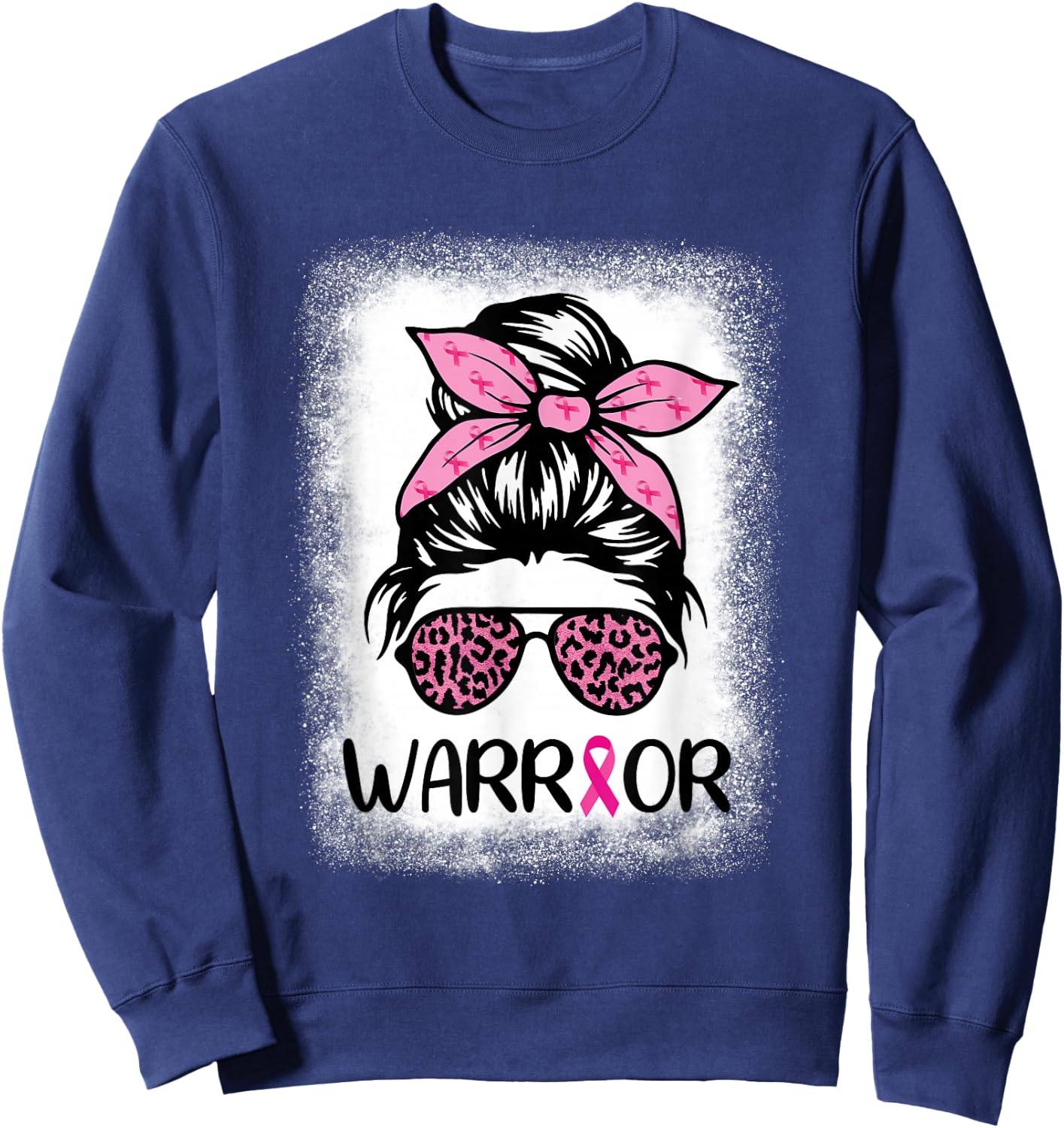 Warrior Breast Cancer Women Messy Bun Bleached Leopard Sweatshirt - Sweatshirt | Navy