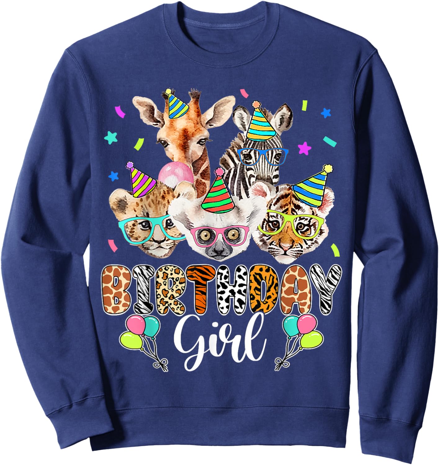 Happy Birthday Girl Zoo Animals Wildlife Girls Kids Cute Sweatshirt - Sweatshirt | Navy