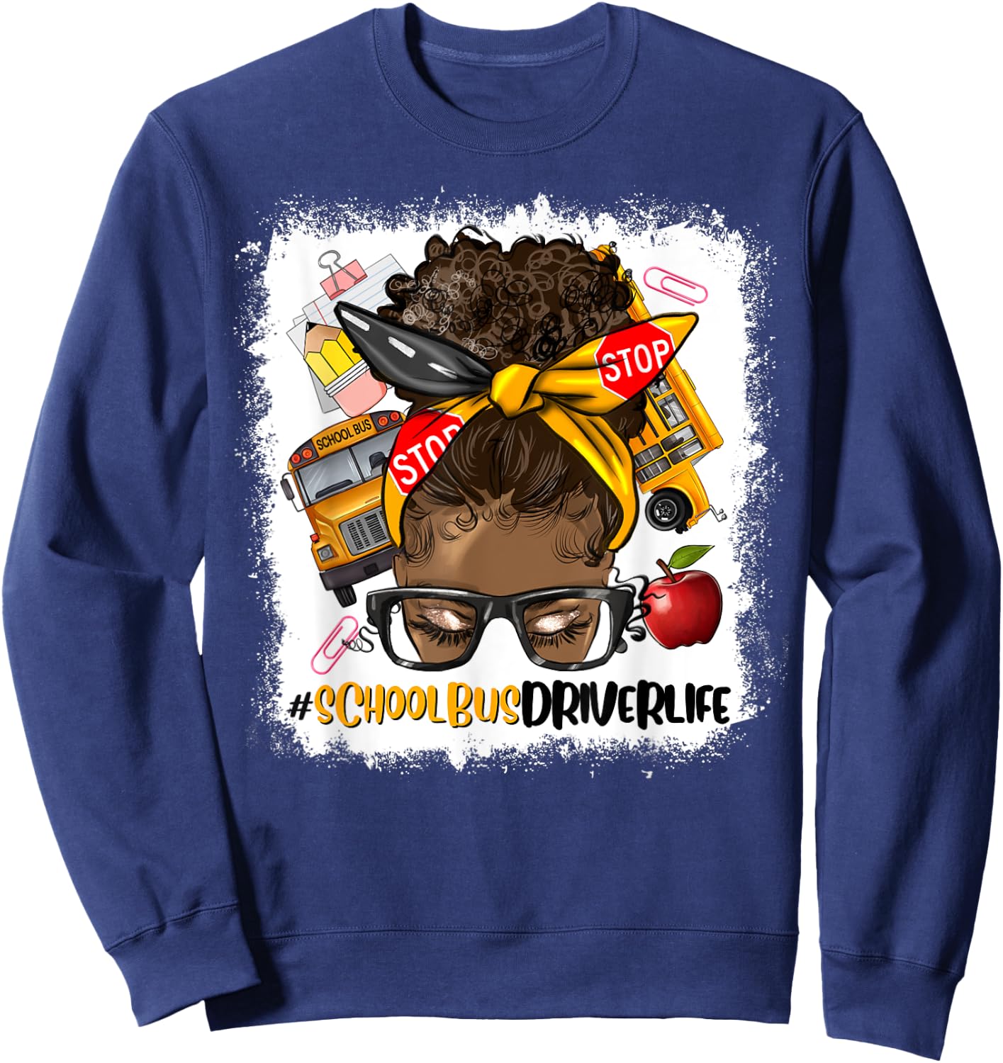 Afro Messy Bun School Bus Driver Black Woman Sweatshirt - Sweatshirt | Navy