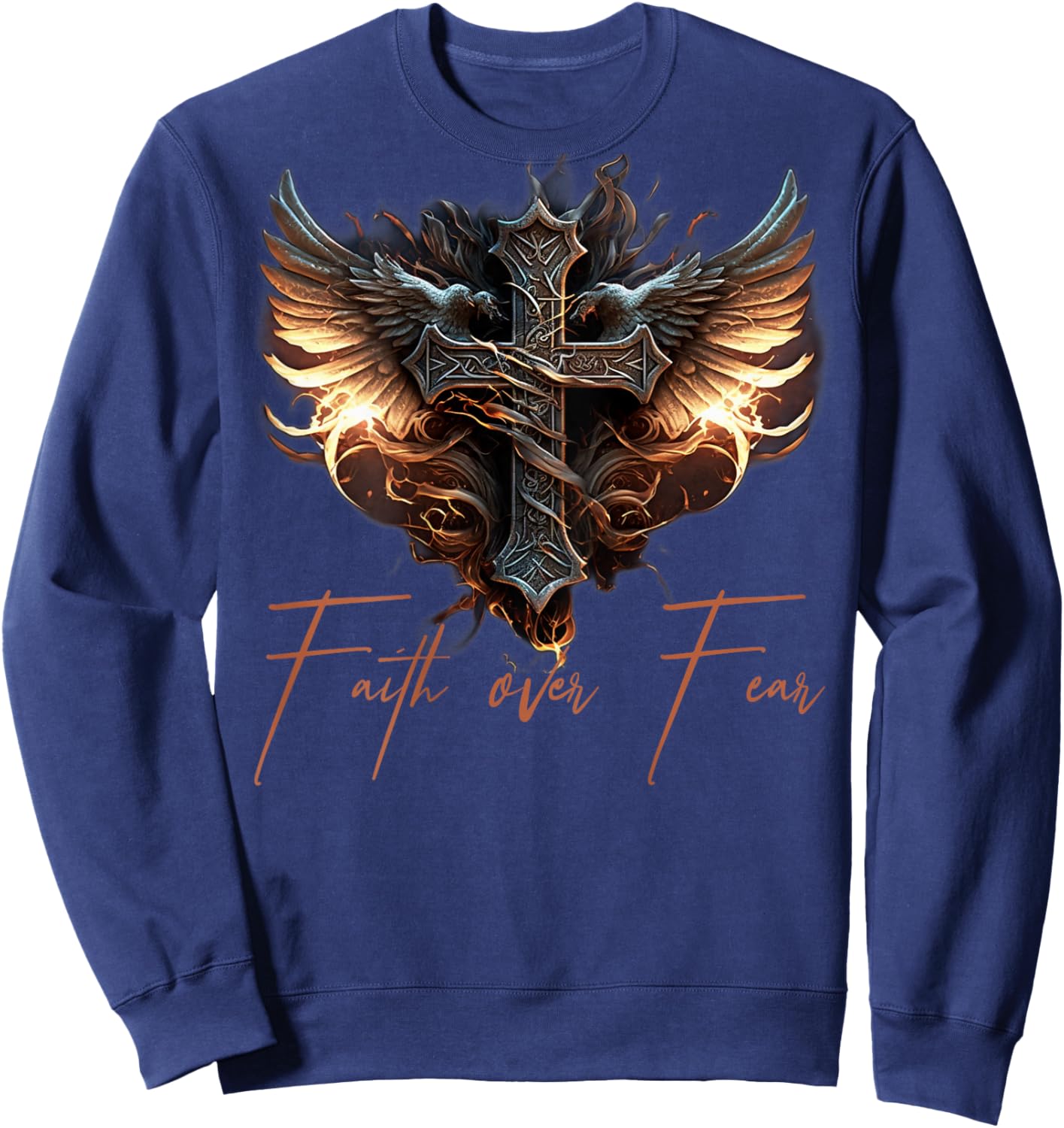 Biker Angel Wings Christian Cross Faith Over Fear - On Back Sweatshirt - Sweatshirt | Navy