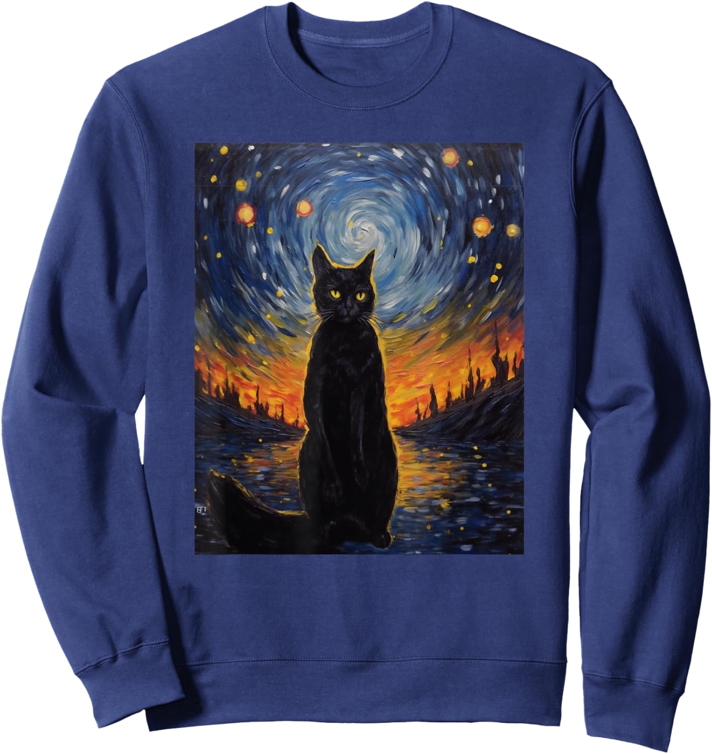 black cat Painting art Starry Night kitty kitten Van Gogh Sweatshirt - Sweatshirt | Navy
