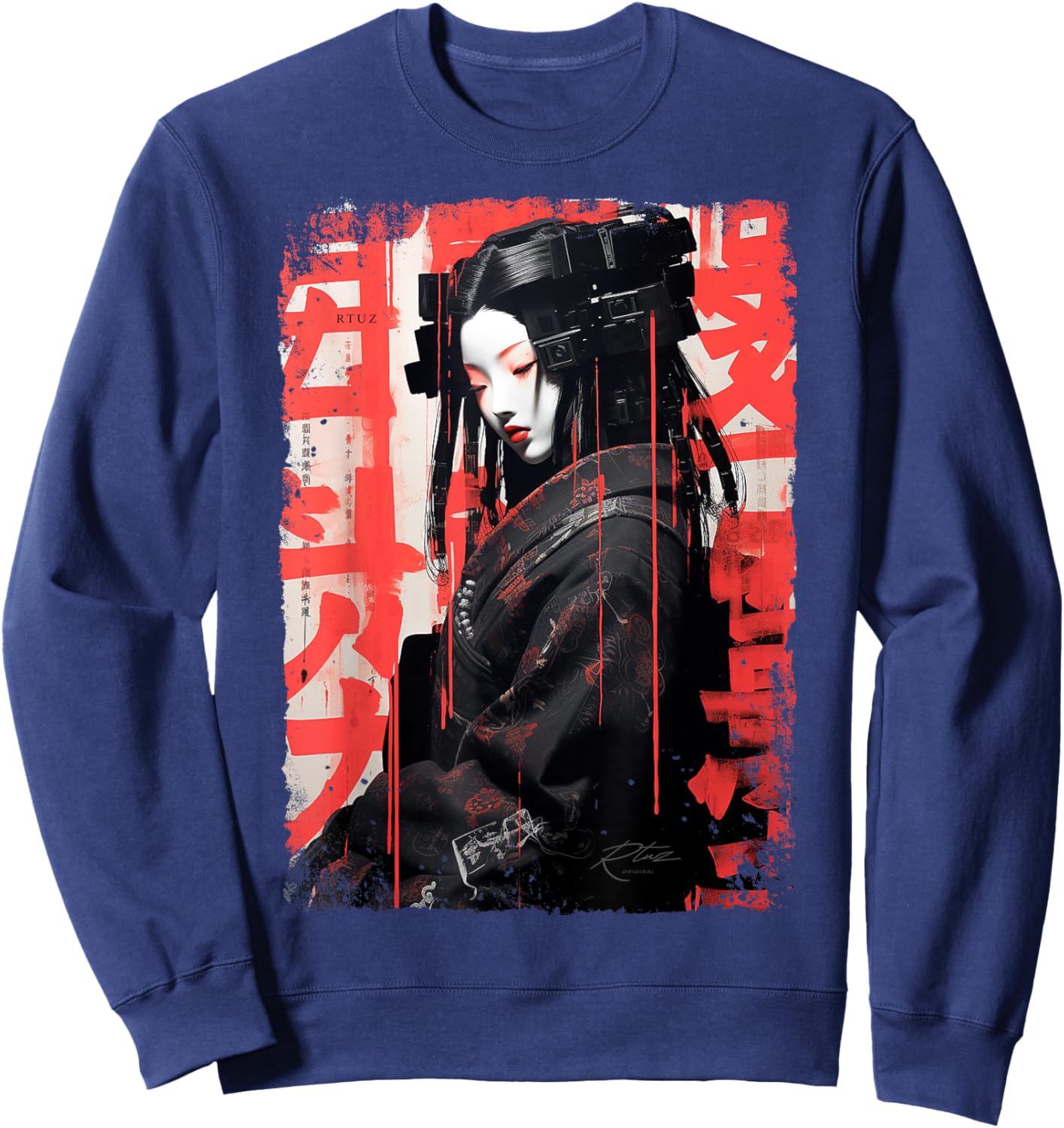 Hip Hop Y2K Vintage Hipster Edgy Urban Streetwear Geisha Sweatshirt - Sweatshirt | Navy
