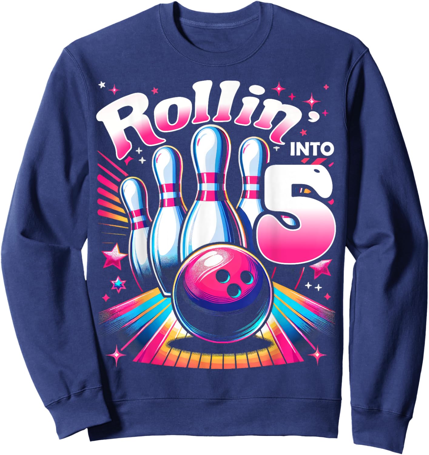 Bowling Birthday Rollin into 5 Party 5th Birthday Retro Girl Sweatshirt - Sweatshirt | Navy
