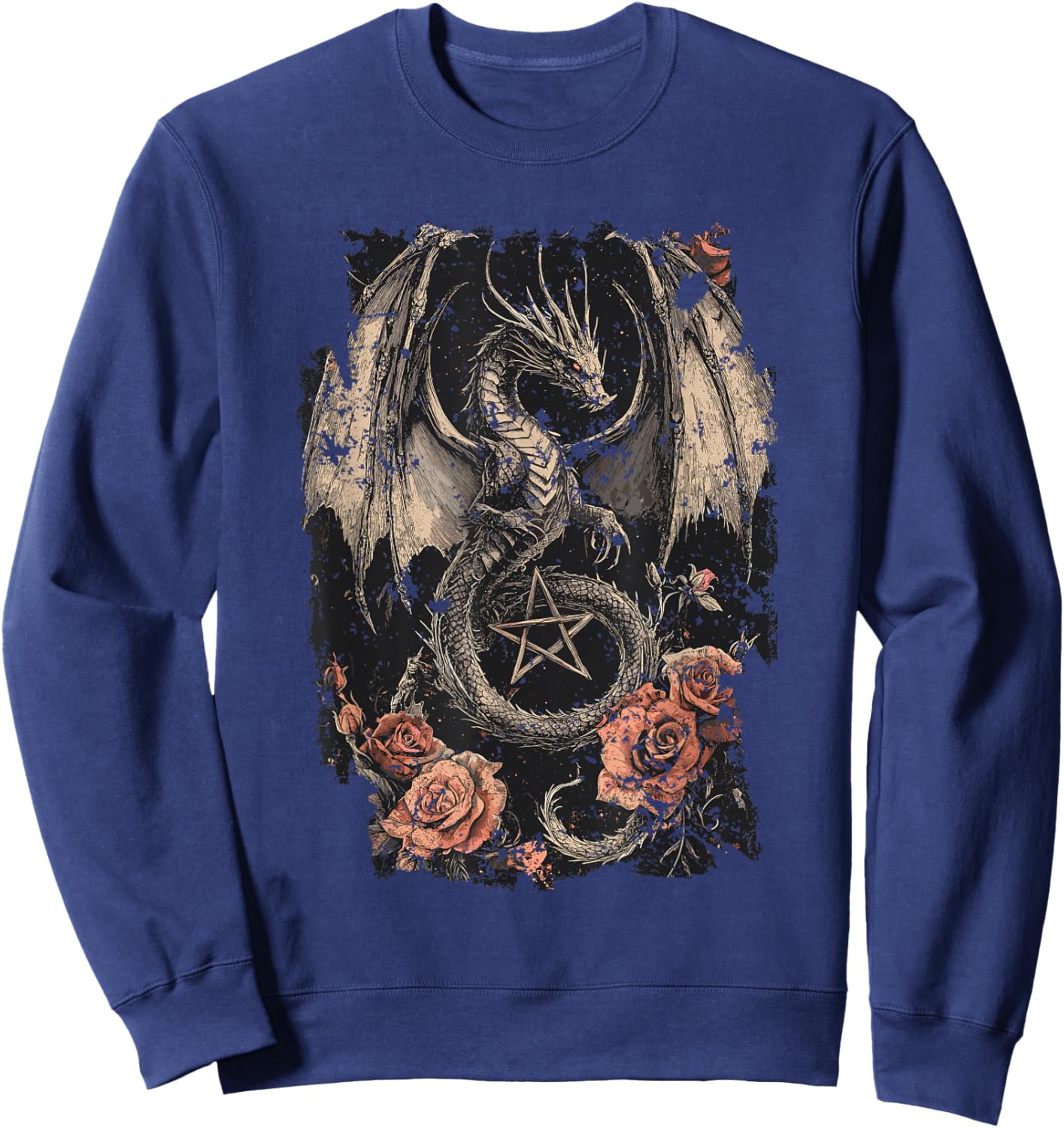 Dragon with Pentagram and Roses - Gothic Dragon Sweatshirt - Sweatshirt | Navy