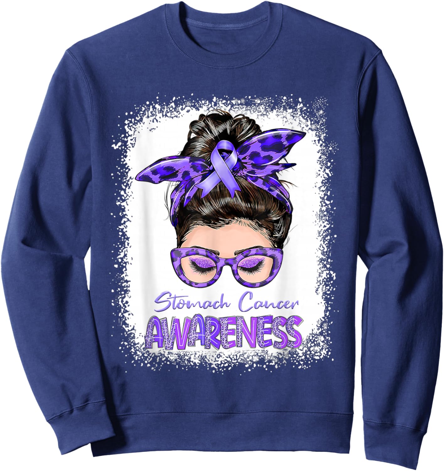 Messy Bun Periwinkle Ribbon Stomach Cancer Awareness Sweatshirt - Sweatshirt | Navy
