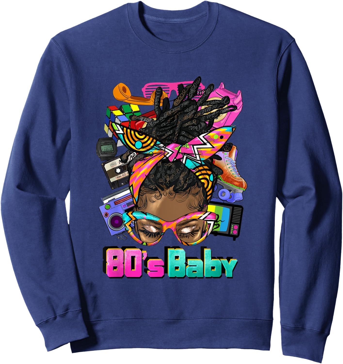 80's Baby Afro Messy Bun African American 1980's Retro Sweatshirt - Sweatshirt | Navy