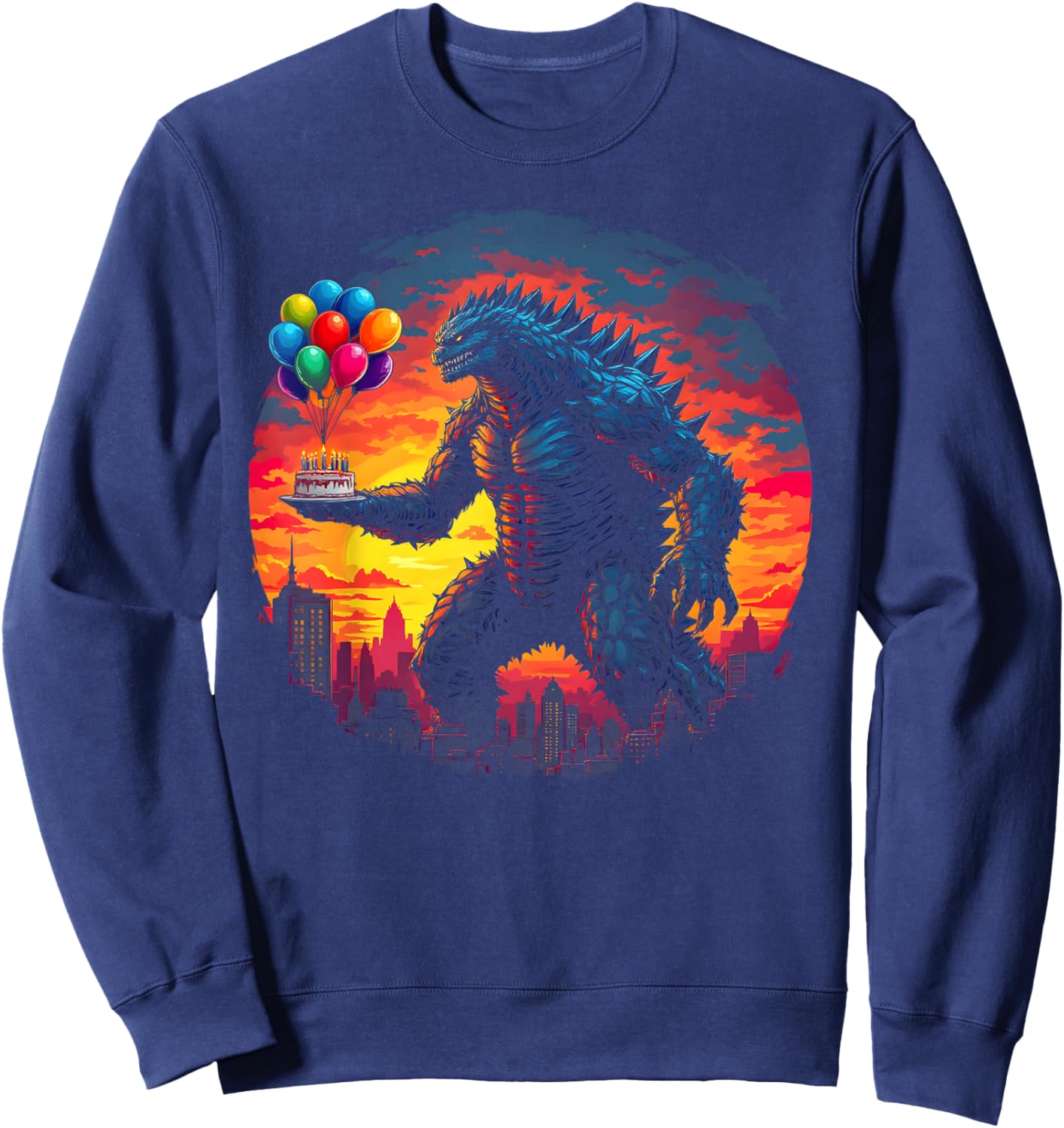 Kaiju Balloon And Cake Funny Japanese Monster Lover Birthday Sweatshirt - Sweatshirt | Navy