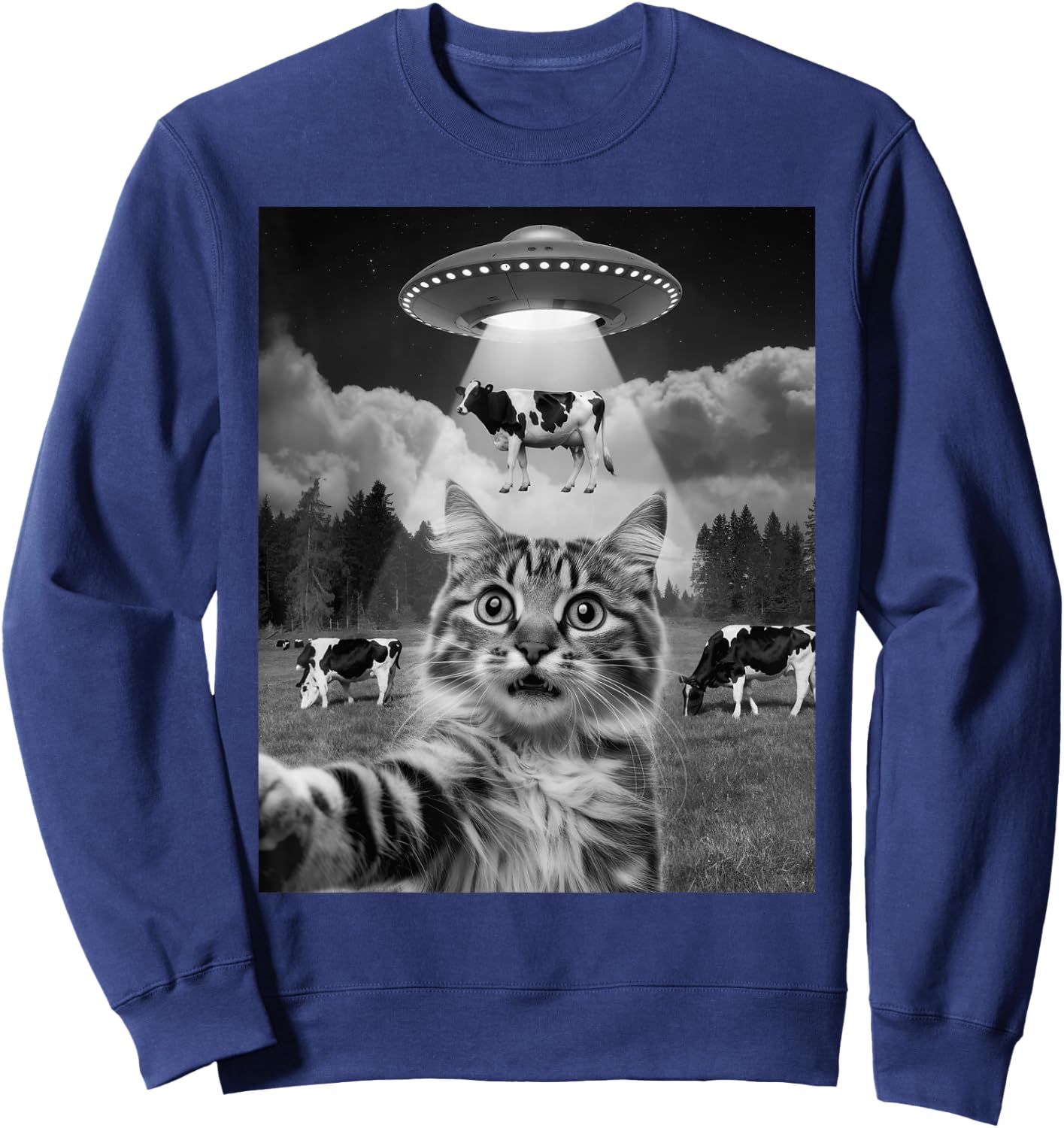 Cat Selfie Flying Alien UFO Cow Lover Men Women Kids Sweatshirt - Sweatshirt | Navy