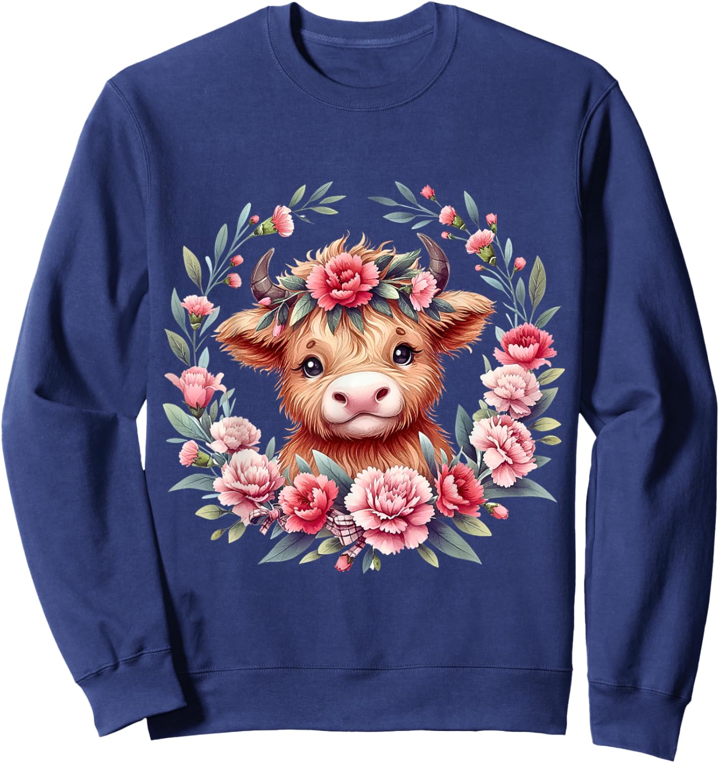 Cute Baby Highland Cow With Carnation Flower Scottish Farm Sweatshirt - Sweatshirt | Navy