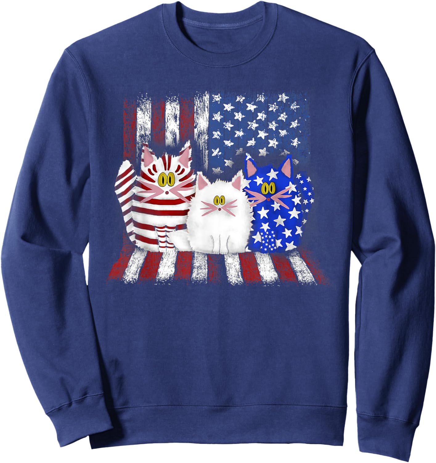 Three Cats American Flag - Blue - Cat - White - Cat - Red Sweatshirt - Sweatshirt | Navy