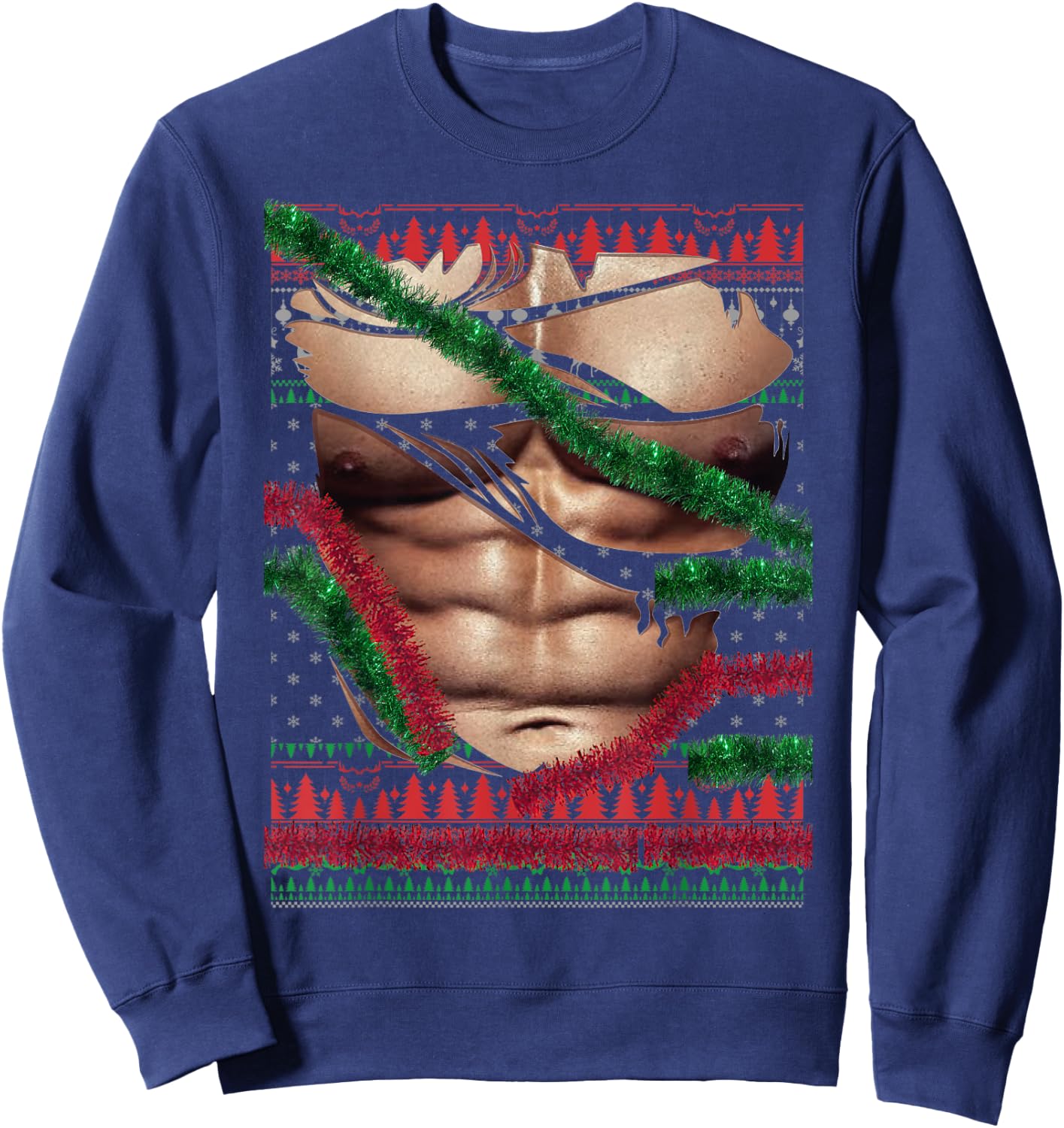 Christmas Fake Muscles Ripped Torn Chest Six Pack Abs Ugly Sweatshirt - Sweatshirt | Navy