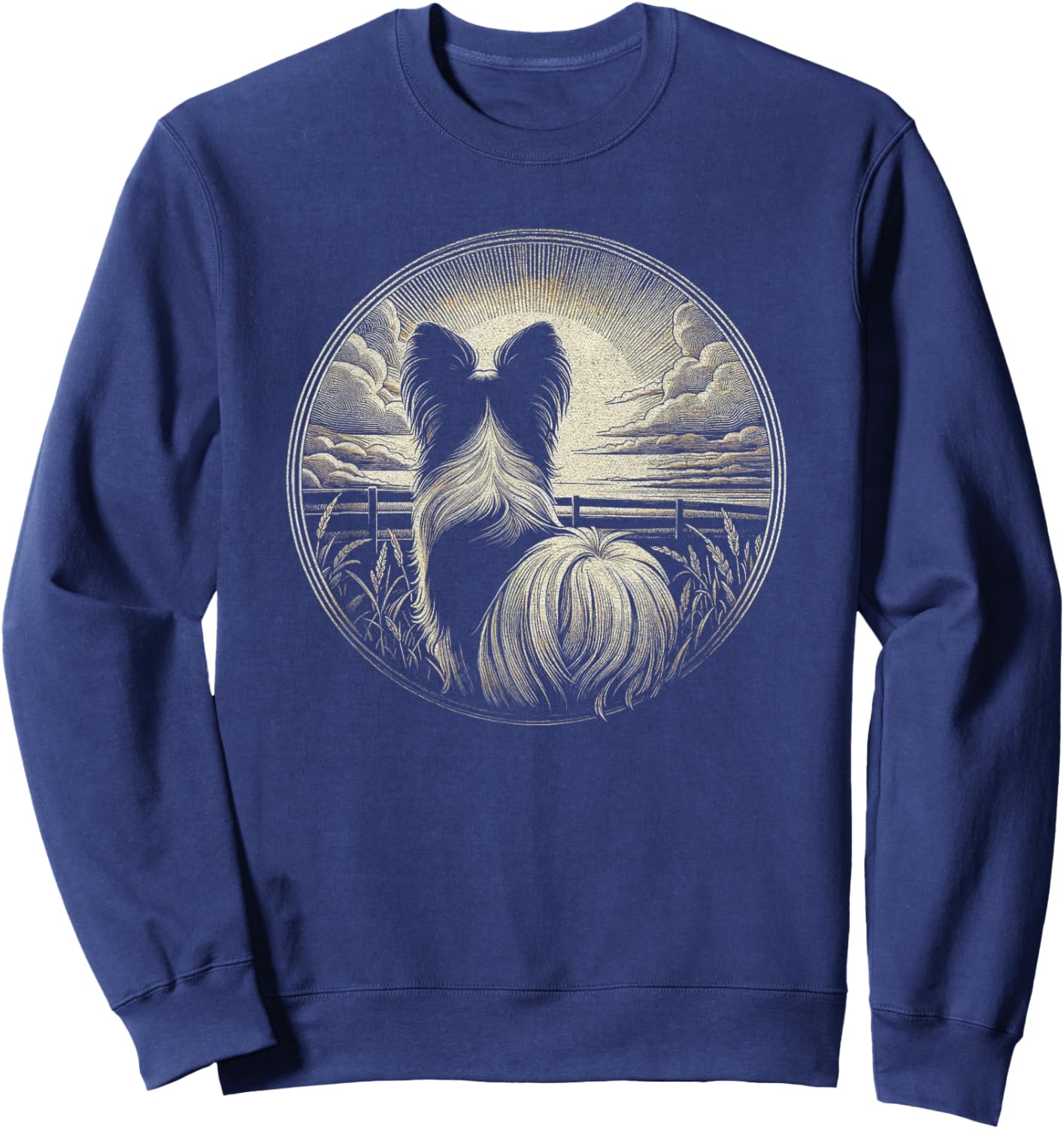 Vintage Papillon Dog Nature Scene Graphic Art Design Sweatshirt - Sweatshirt | Navy