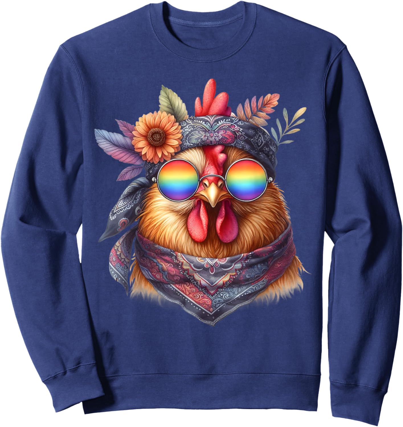 Cute Hippie Chicken with Glasses and Bandana Sweatshirt - Sweatshirt | Navy