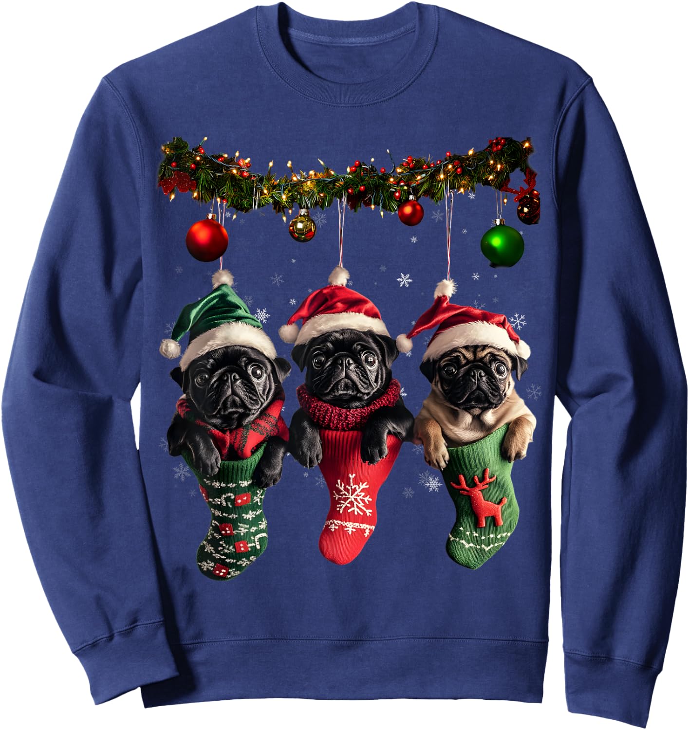 Black Pug Christmas Lights Funny Xmas Dog Lover Sweatshirt - Sweatshirt | Navy