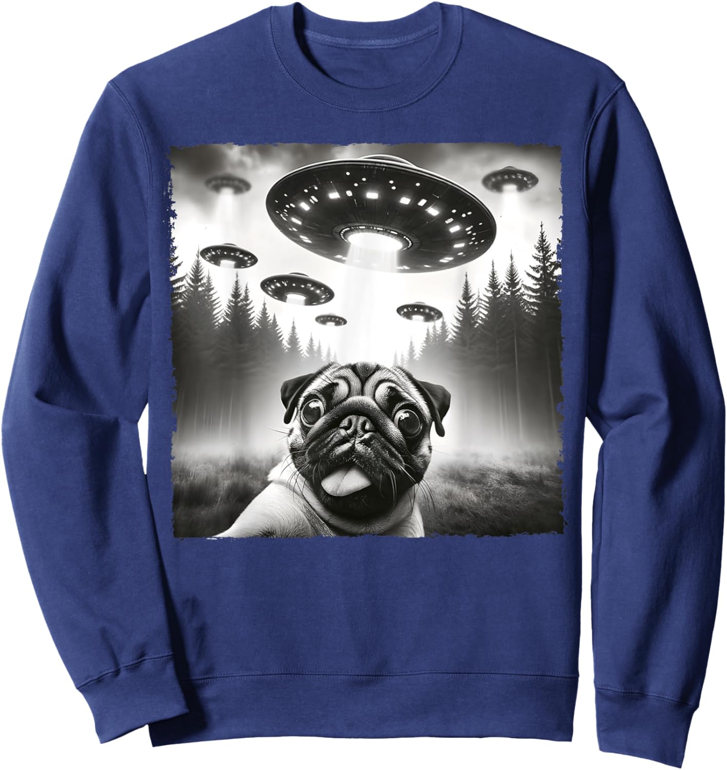 Funny Meme Pug UFO Retro Alien Pug Dog UFO Selfie Invasion Sweatshirt - Sweatshirt | Navy